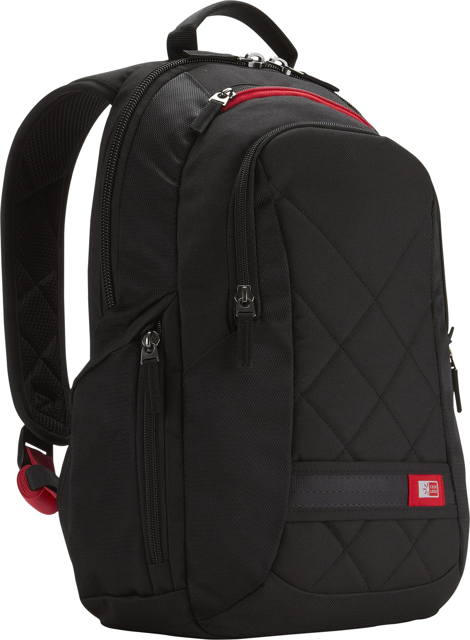 Schwarzer Rucksack mit roten Reißverschluss-Akzenten. Diagonales Steppmuster auf der Vorderseite.