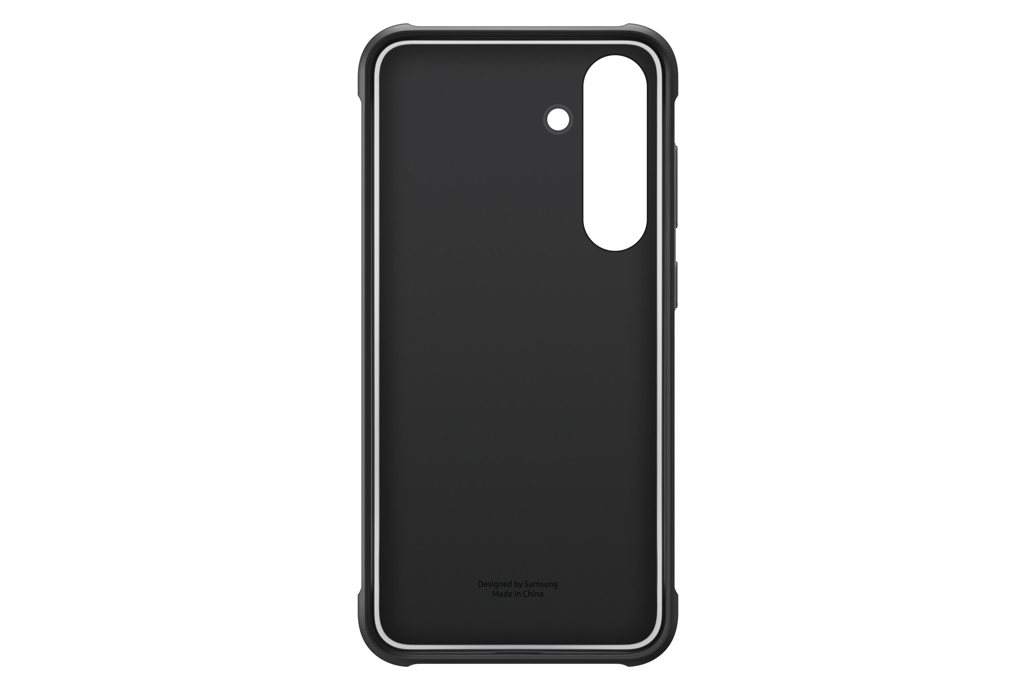 Funda negra para teléfono. Interior blanco con marca. La funda tiene un recorte para la cámara.