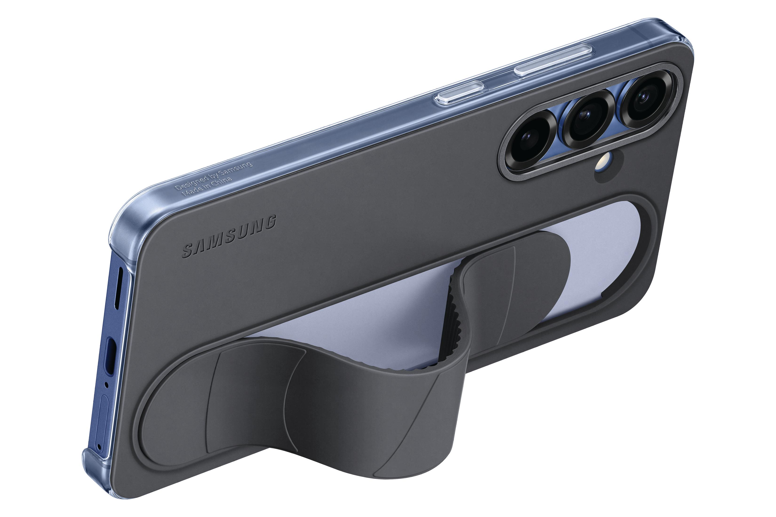 Custodia grigia per telefono con supporto. Tre fotocamere visibili. La custodia ha un logo Samsung.
