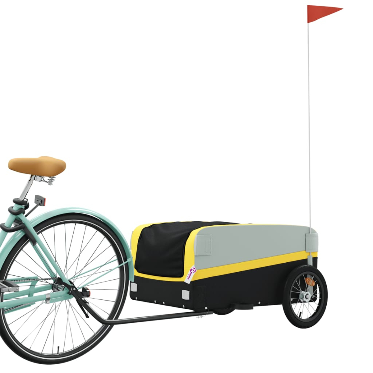 Fahrrad mit Anhänger, rote Fahne hinten.