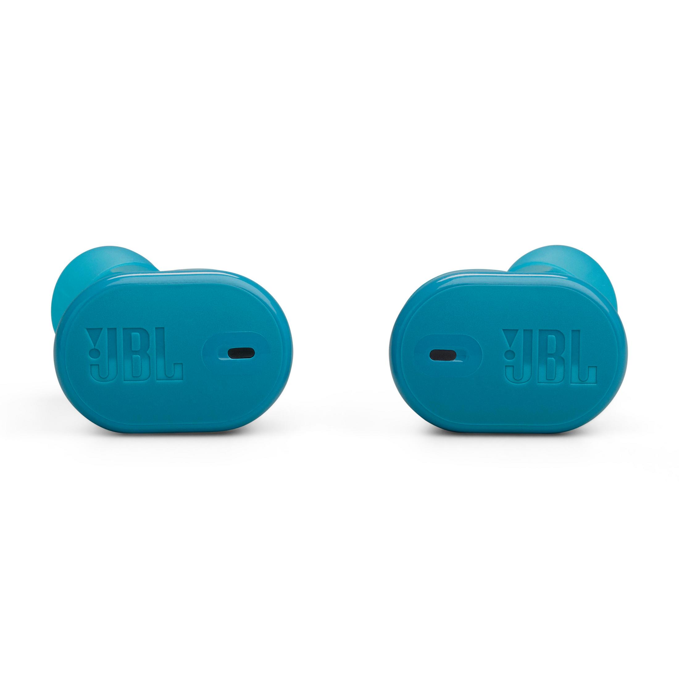 Due auricolari blu con il logo JBL.