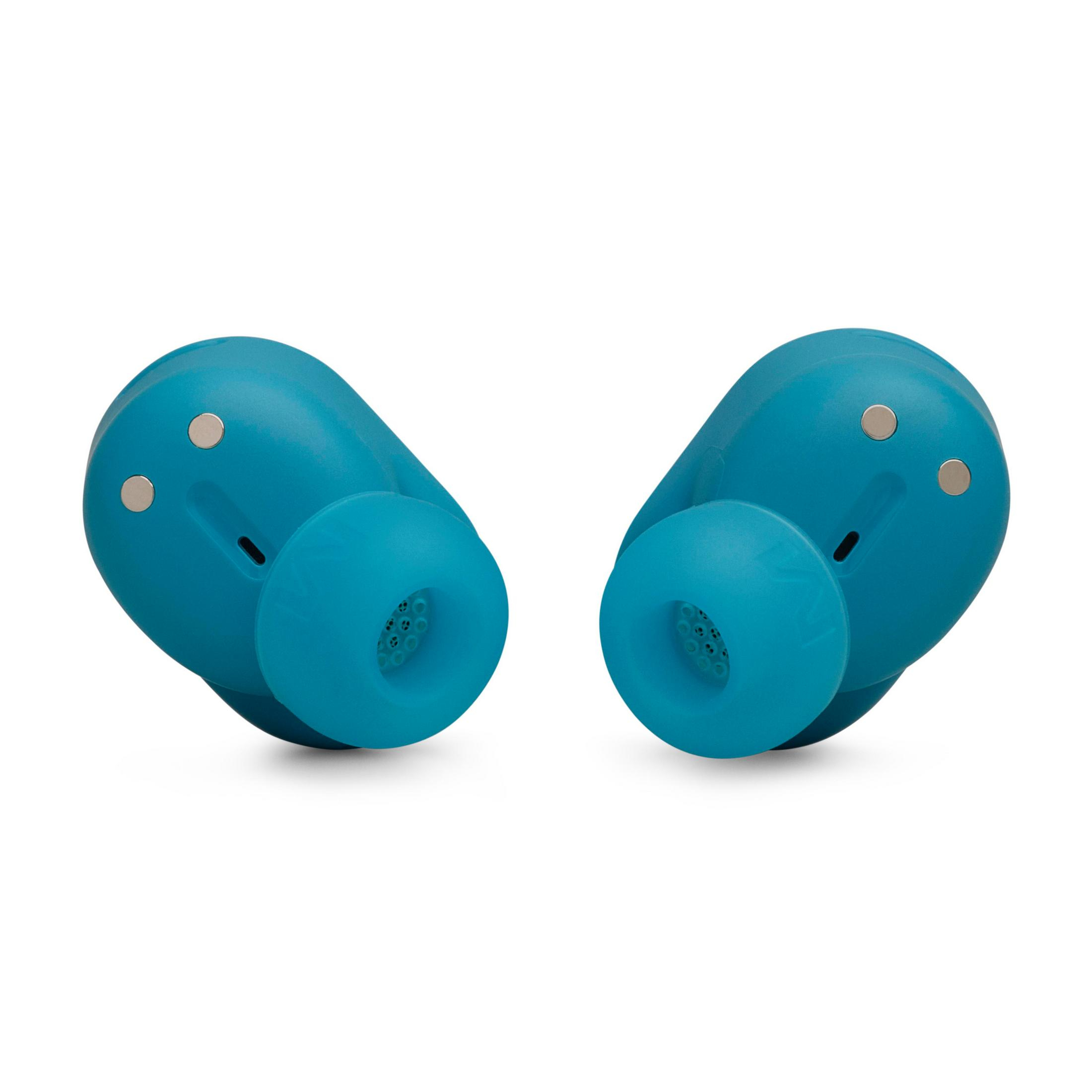 Due auricolari blu. Gli auricolari sono rivolti verso lo spettatore.