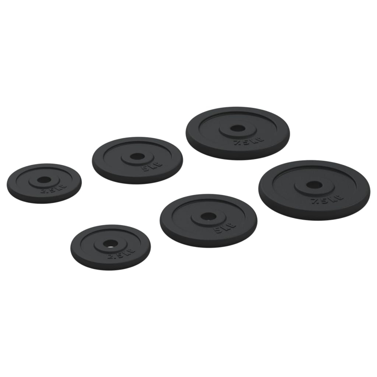 Sechs schwarze Gewichtsplatten. Drei kleine, drei große. Gewichte sind 2,5LB.