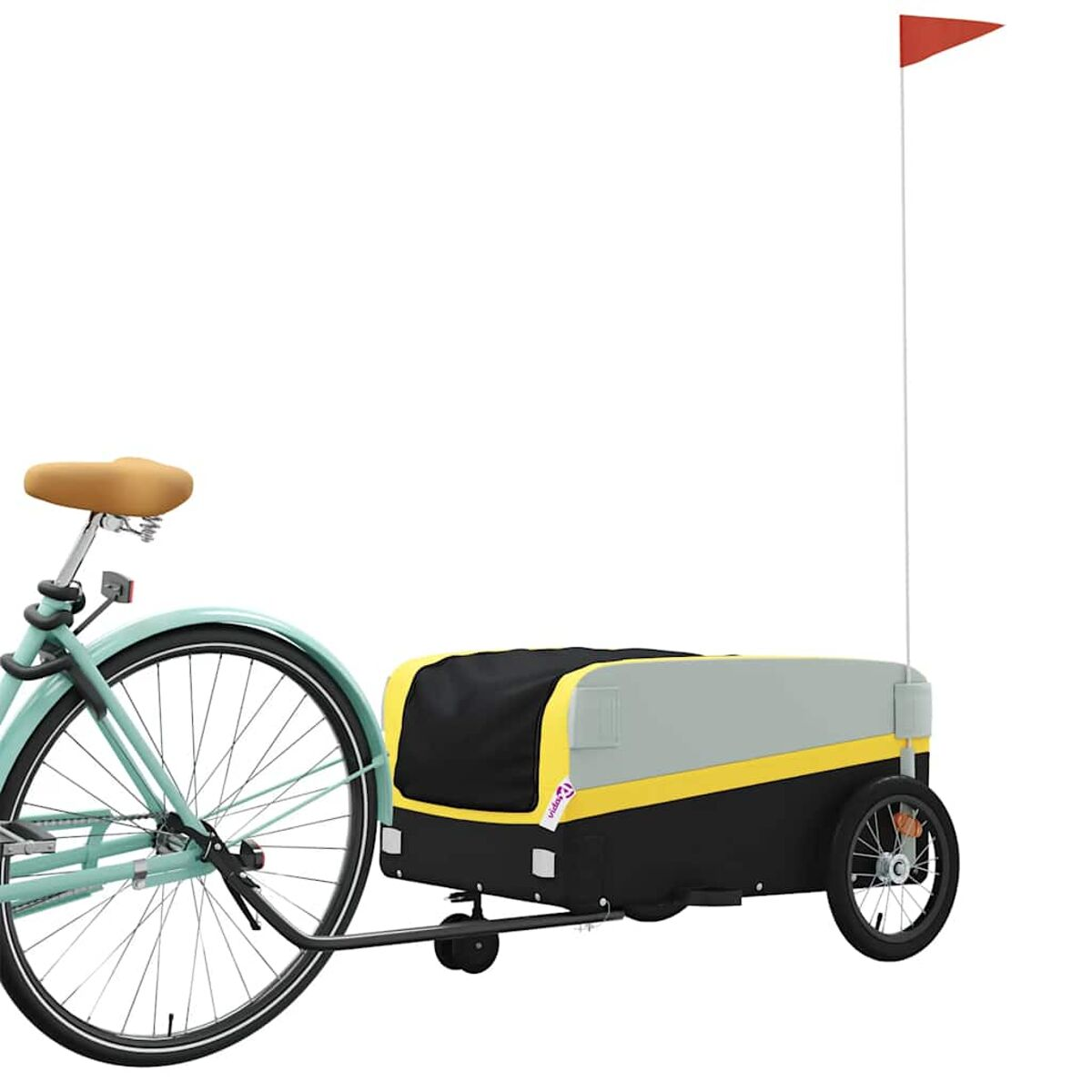 Ein Fahrrad, das einen grauen und gelben Fahrradanhänger zieht.
