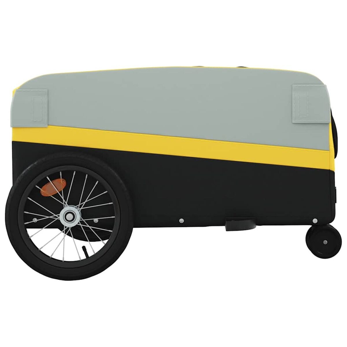 Seitenansicht eines gelb-grauen Fahrradanhängers mit schwarzem Rad und kleinem Rad.