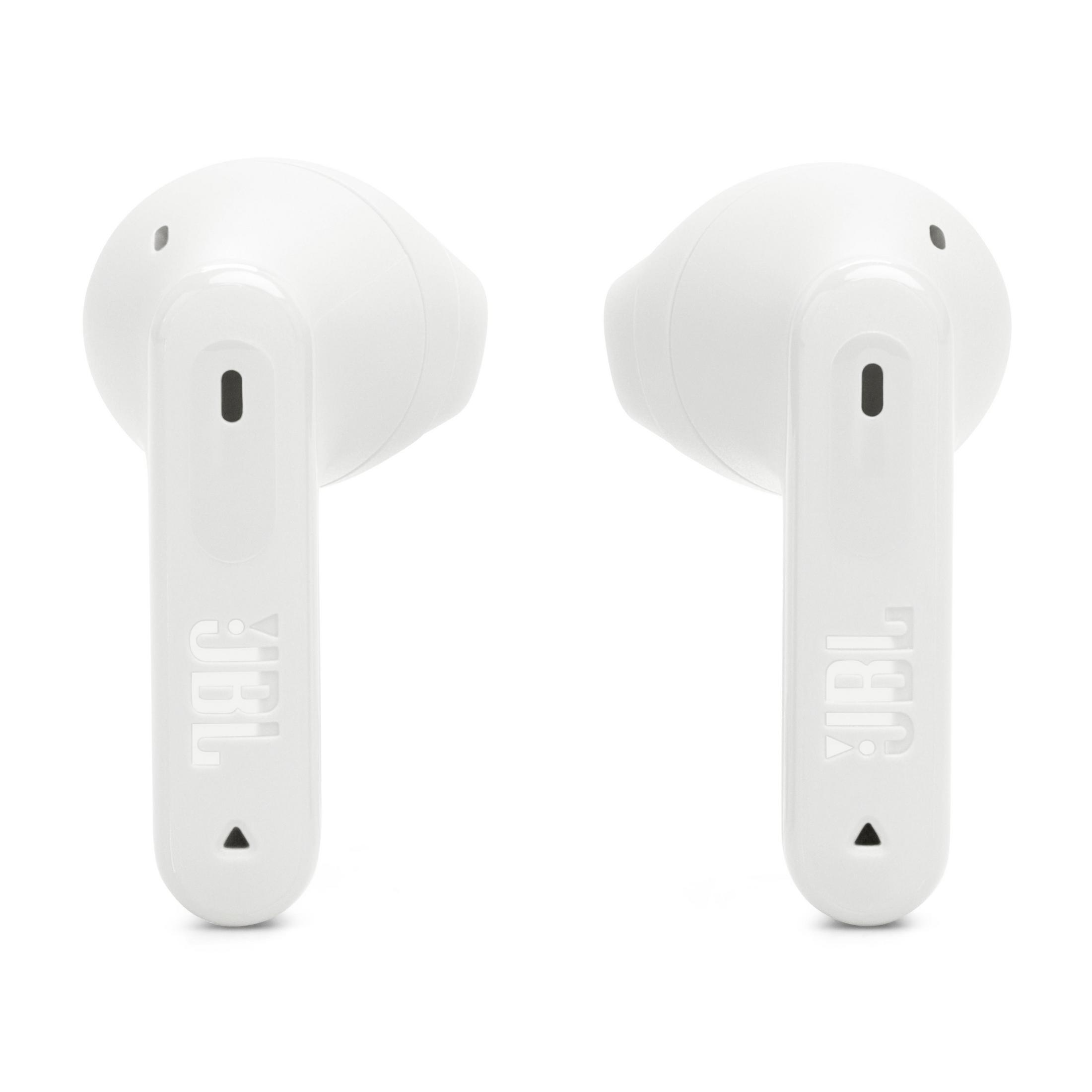 Due auricolari JBL bianche con il testo JBL sopra.