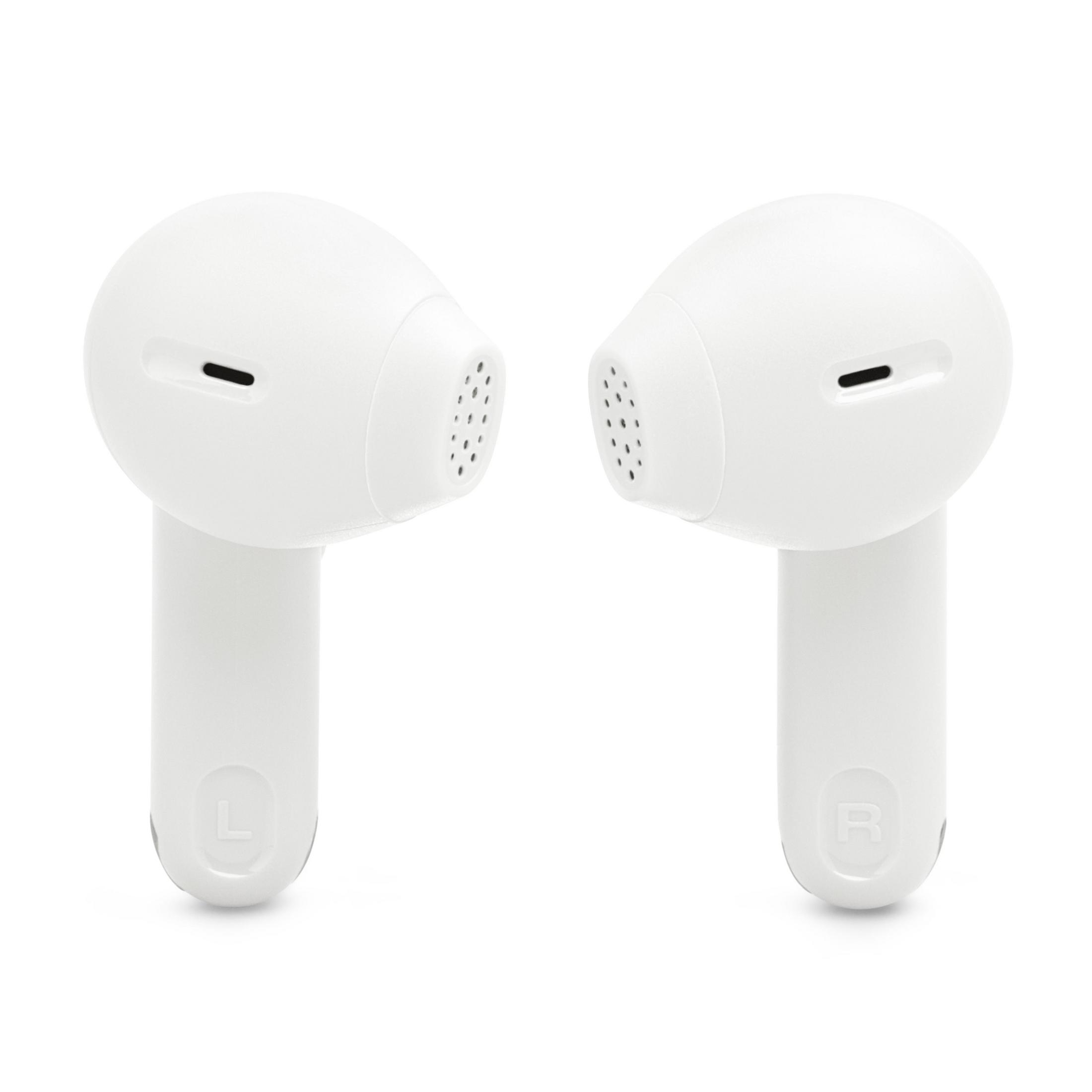 Due auricolari JBL bianchi, angolati, su sfondo bianco, con loghi.