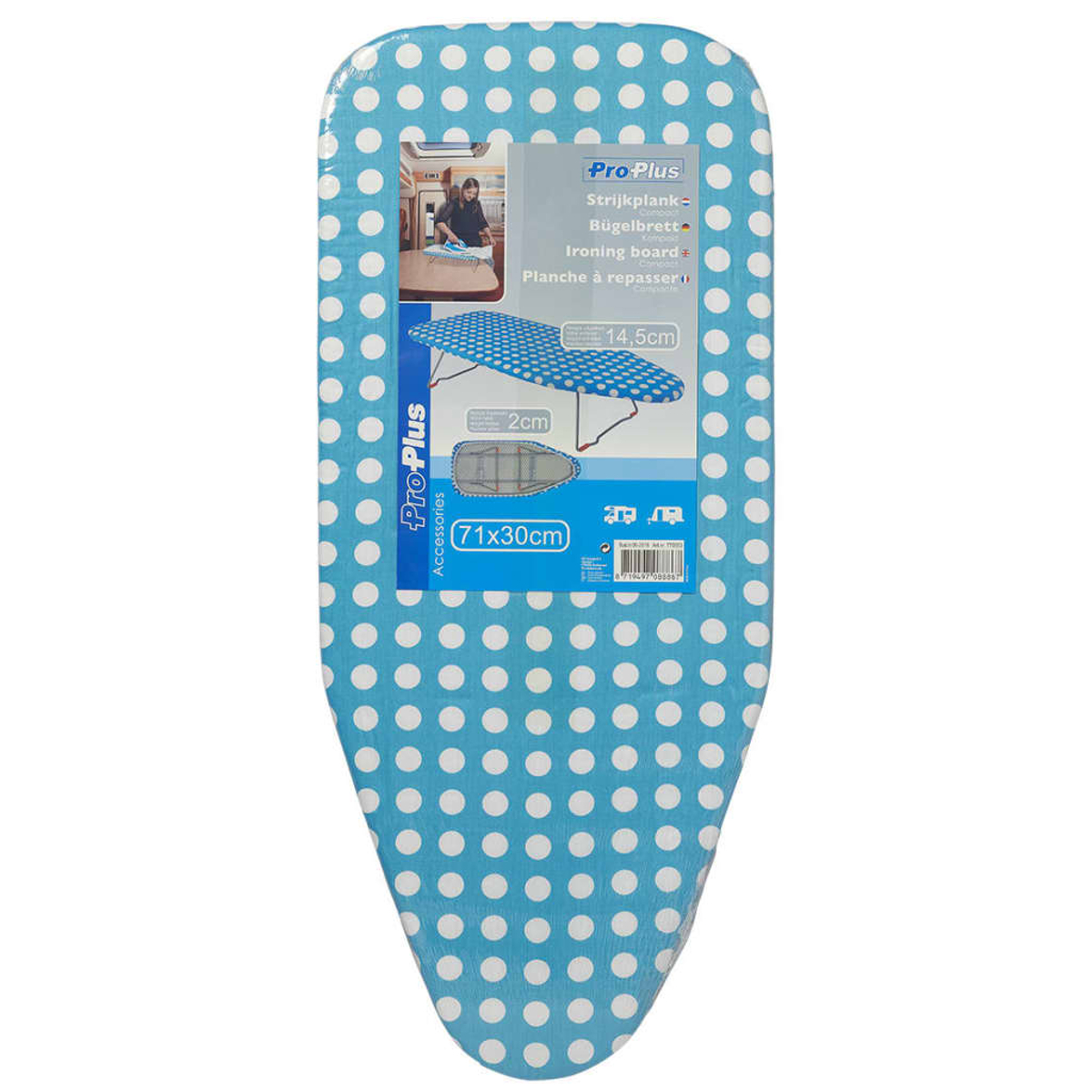 Blau-weiß gepunktetes Bügelbrett mit Produktetikett, das Abmessungen und Produktinformationen zeigt.
