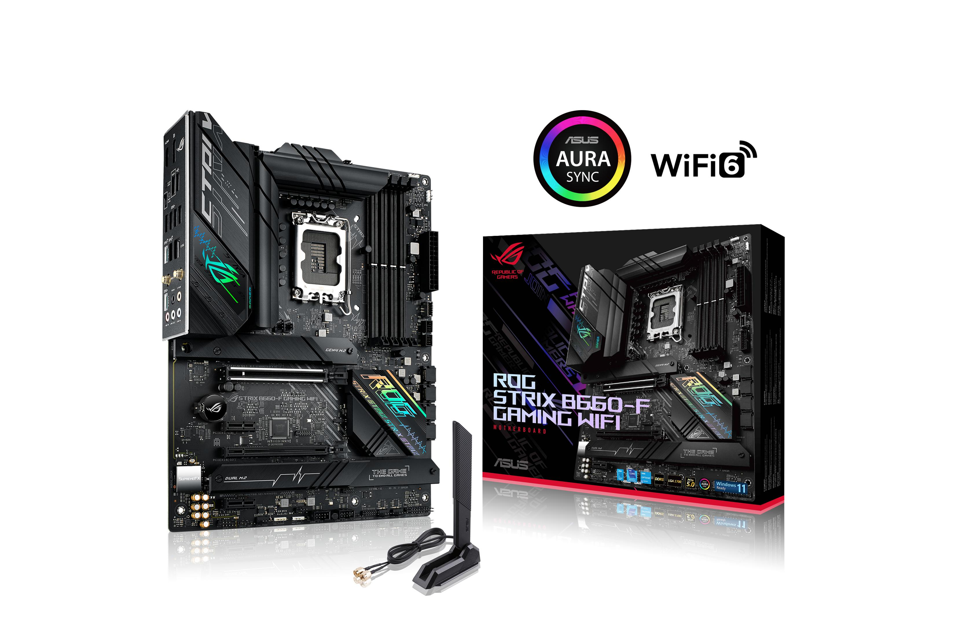 Due schede madri, ROG STRIX, con WiFi 6, vista angolata, sfondo bianco.