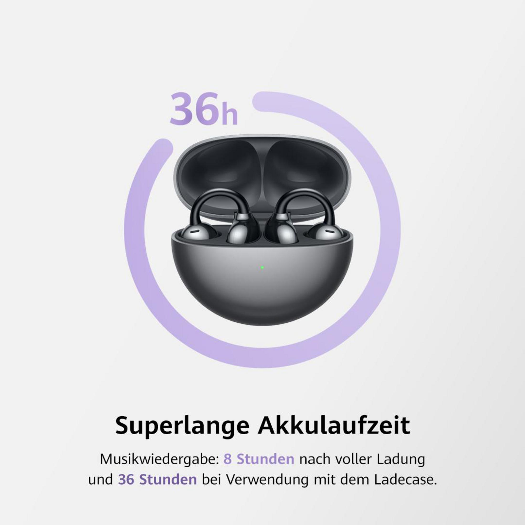 Słuchawki w etui ładującym, z grafiką 36h baterii i niemieckim tekstem.