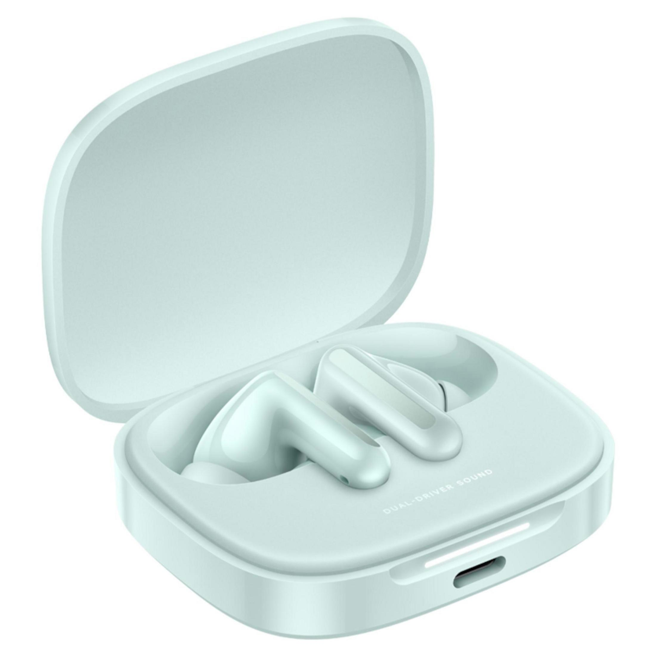 Mintgroene oortelefoonhoes met twee oortelefoons erin, de hoes is open, op een witte achtergrond.