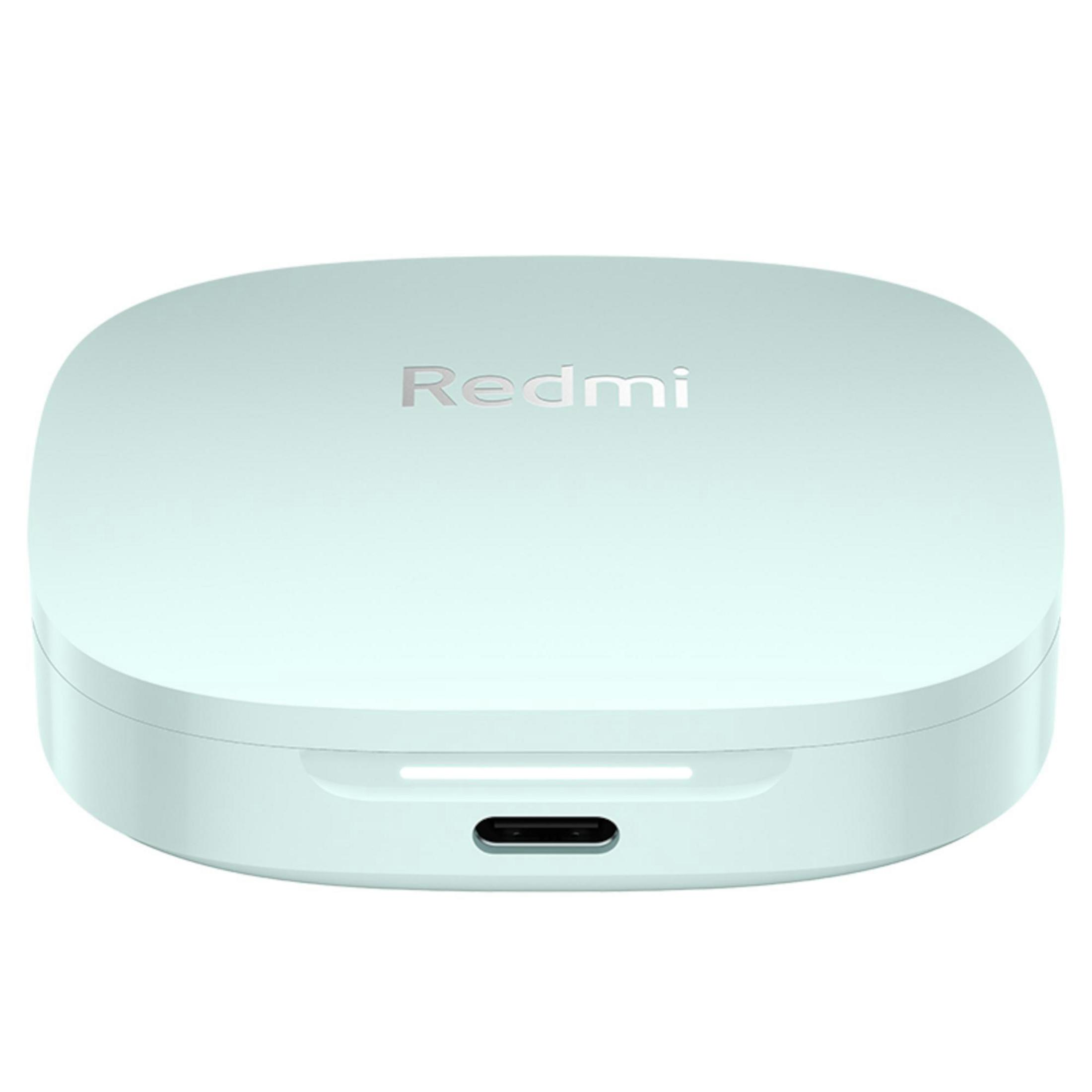 Mintgroene Redmi oplaadcase voor oordopjes met de merknaam in zilver.