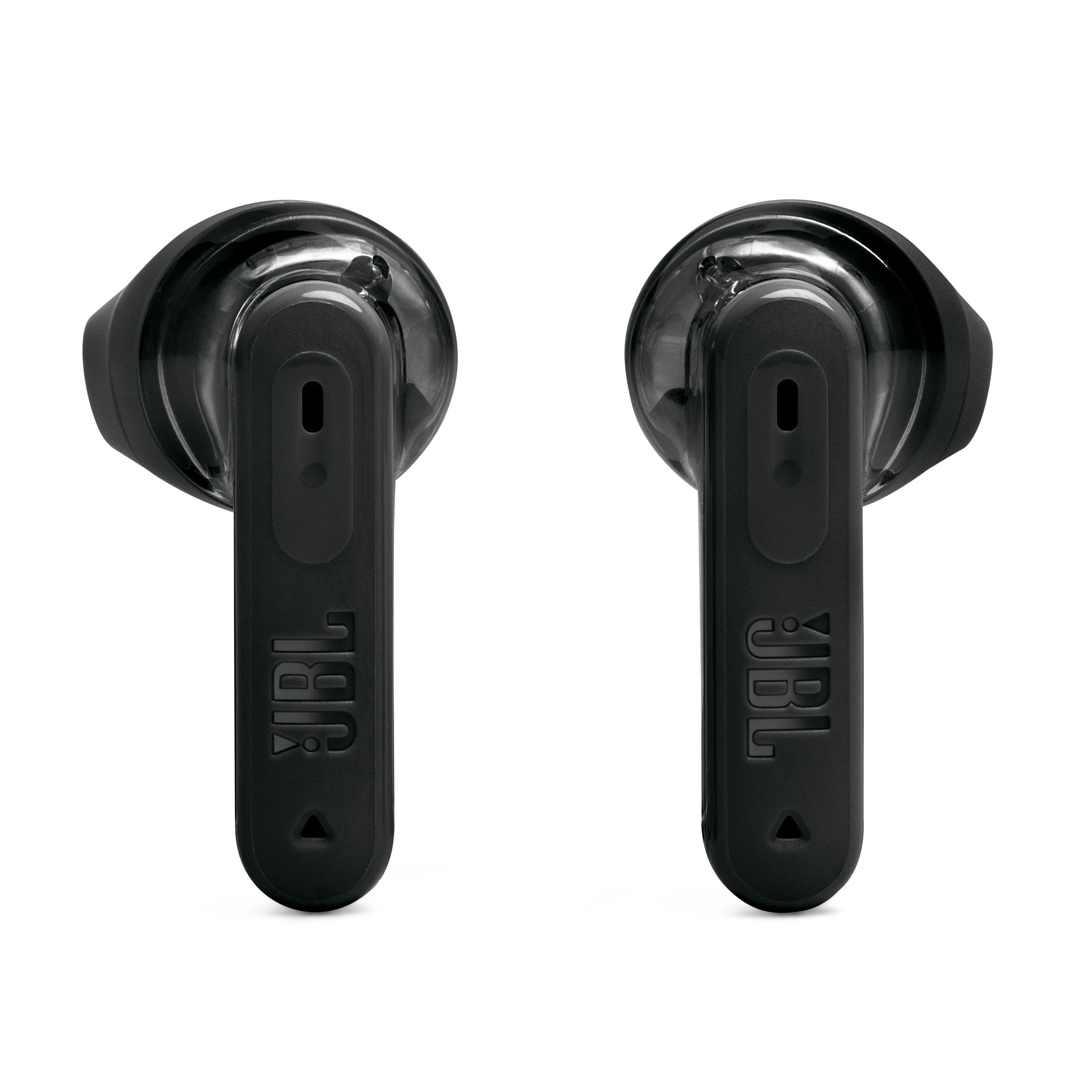 Due auricolari JBL neri, sfondo bianco.