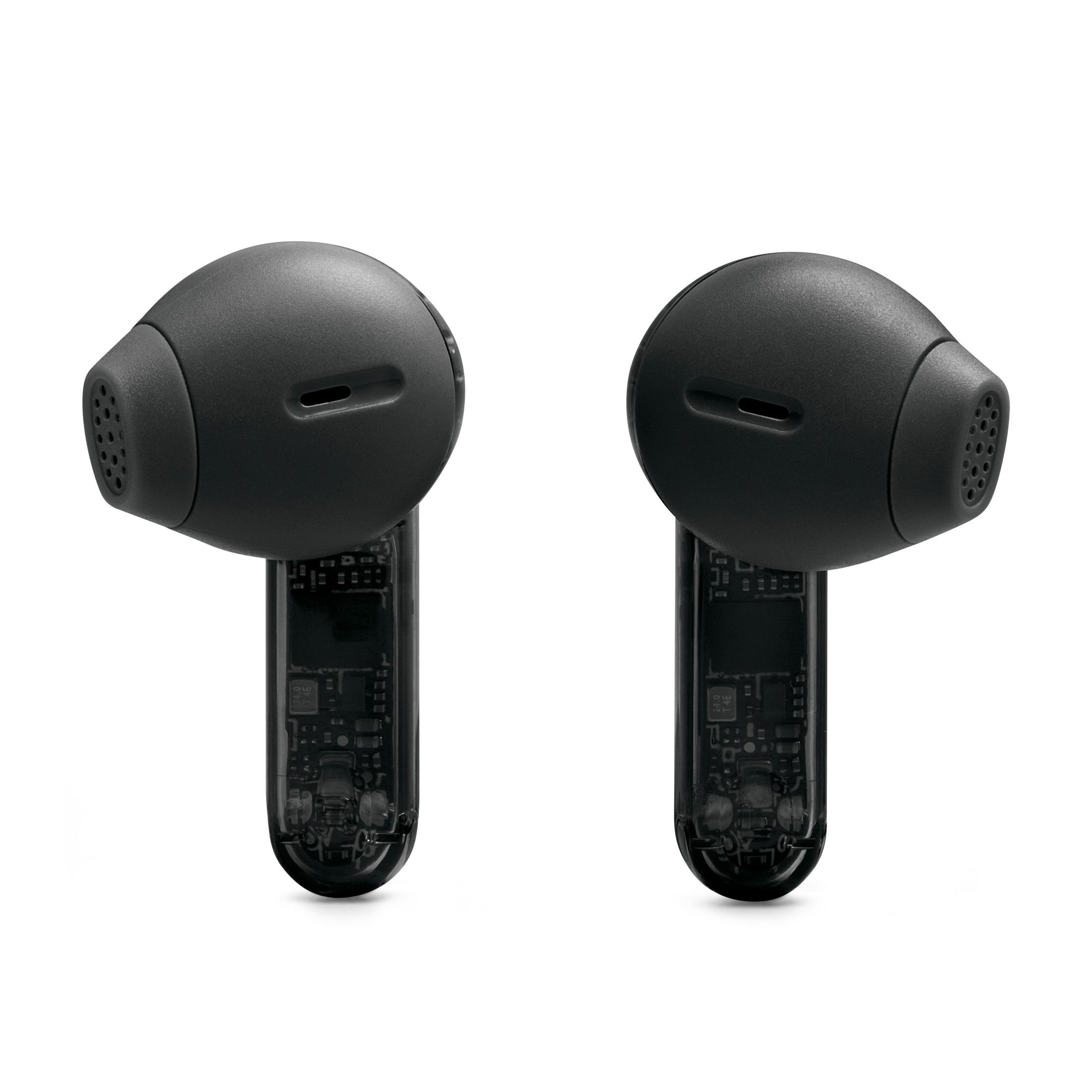 Due auricolari wireless neri. Sfondo bianco. Componenti interni trasparenti.