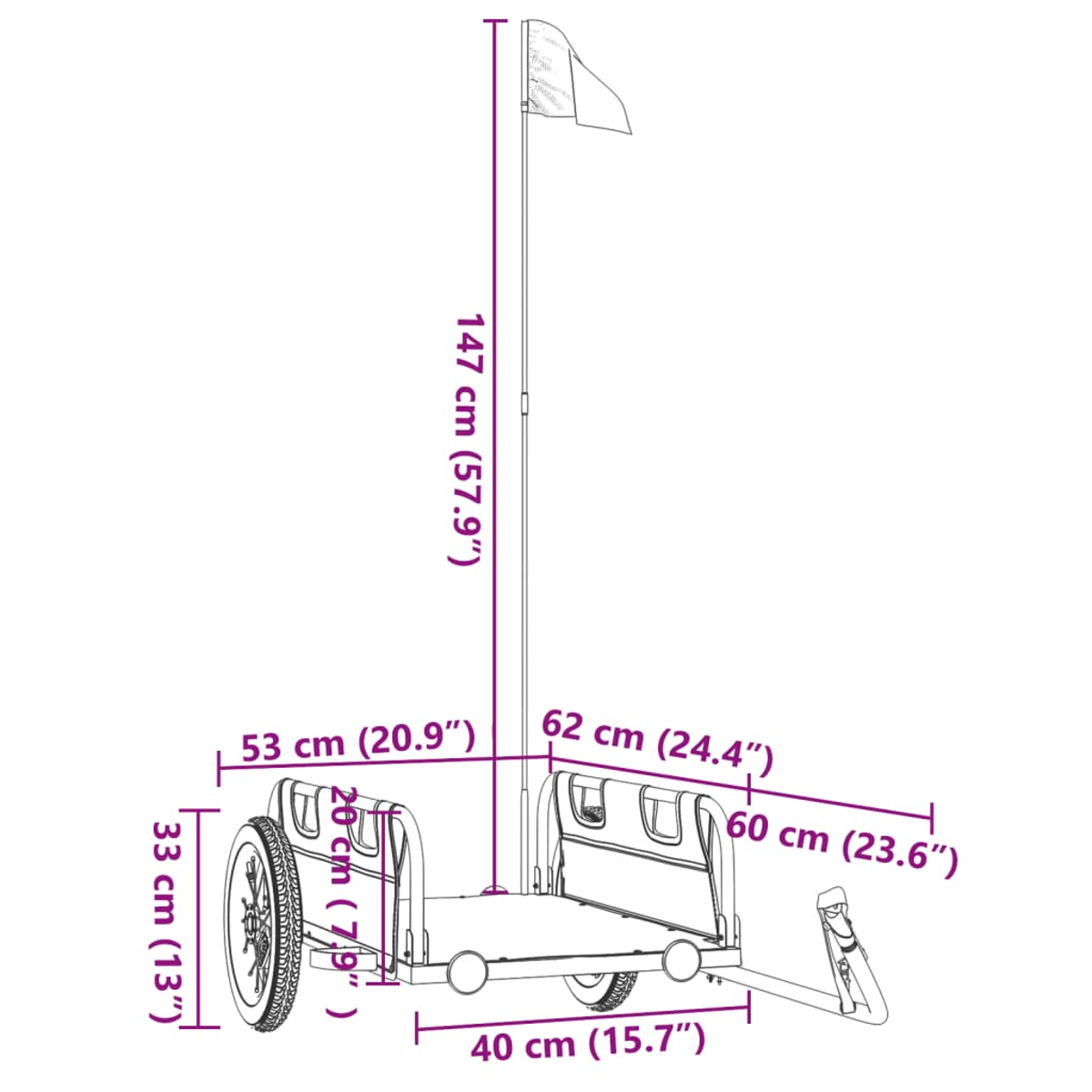 Diagramm eines Fahrradanhängers mit Maßen. Weißer Hintergrund.