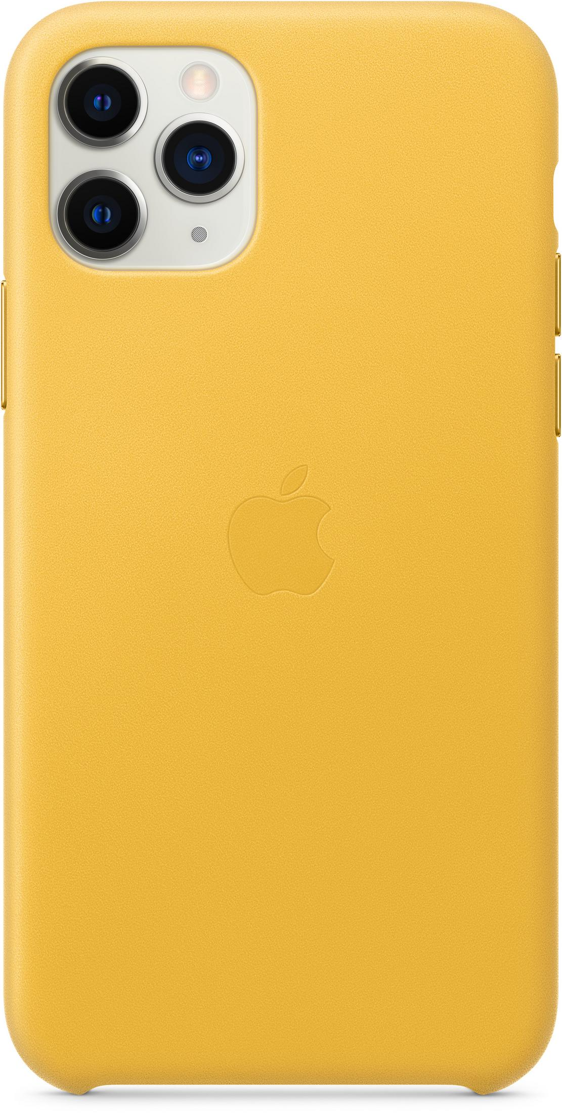 Yellow iPhone case, three camera lenses, Apple logo.