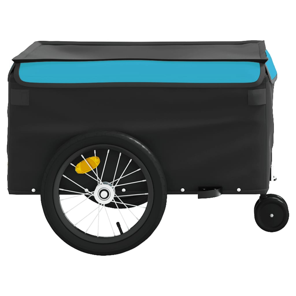 Schwarzer und blauer Fahrradanhänger mit einem Rad, auf weißem Grund.
