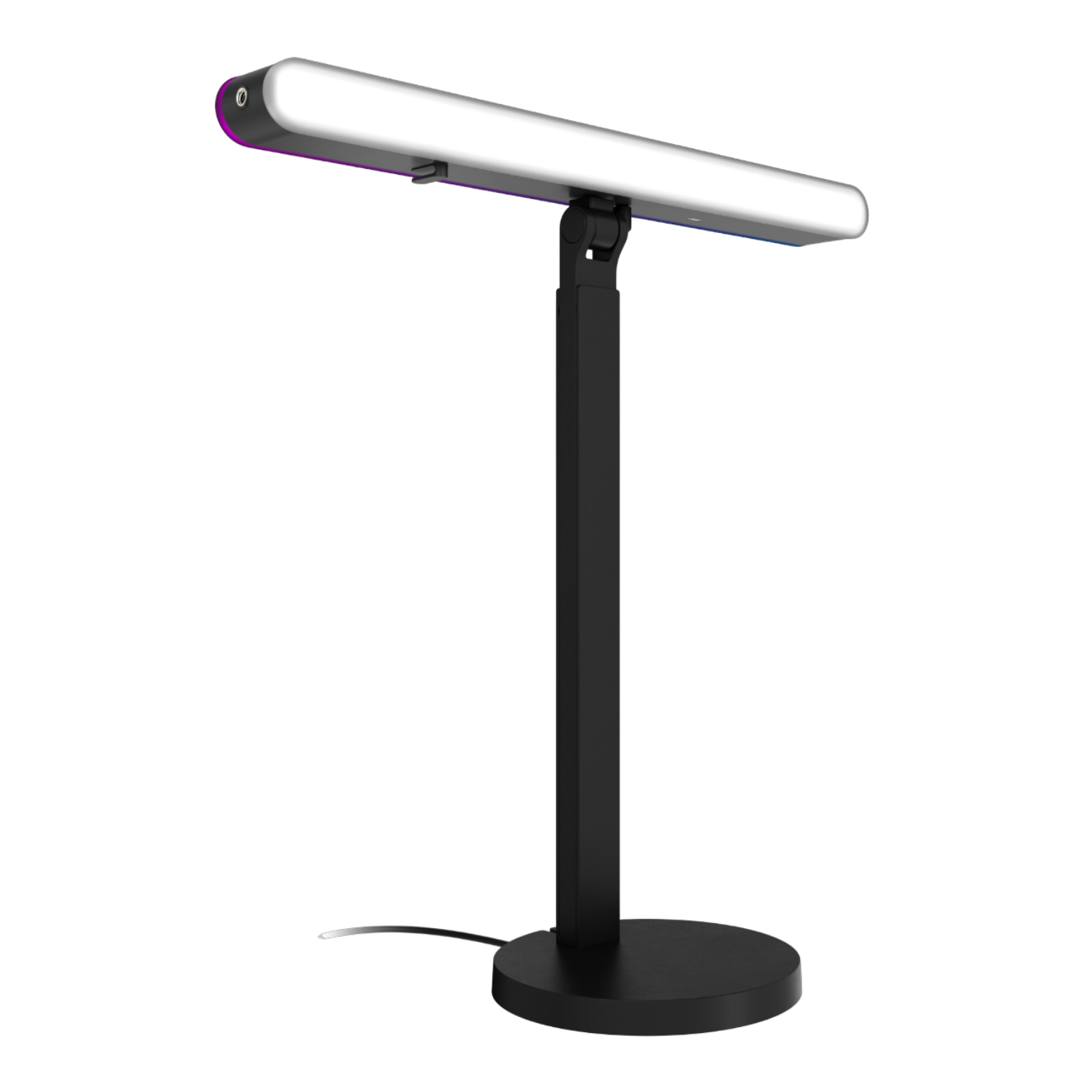 Lámpara de escritorio negra con barra de luz blanca y base redonda, contra fondo negro.