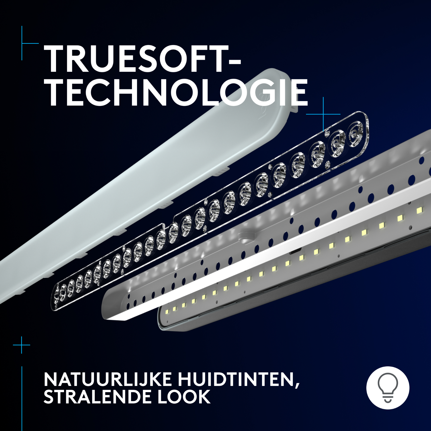 Vista seccionada de componentes de iluminación. Texto: TECNOLOGÍA TRUESOFT, TONOS DE PIEL NATURALES, ASPECTO RADIANTE.