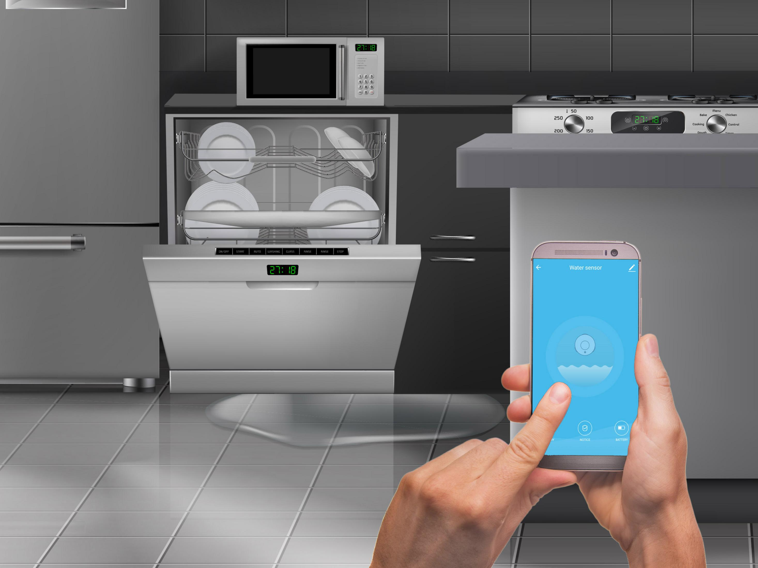 Eine Küchenszene mit Geschirrspüler, Mikrowelle und Smartphone mit Wasser-Sensor-App.