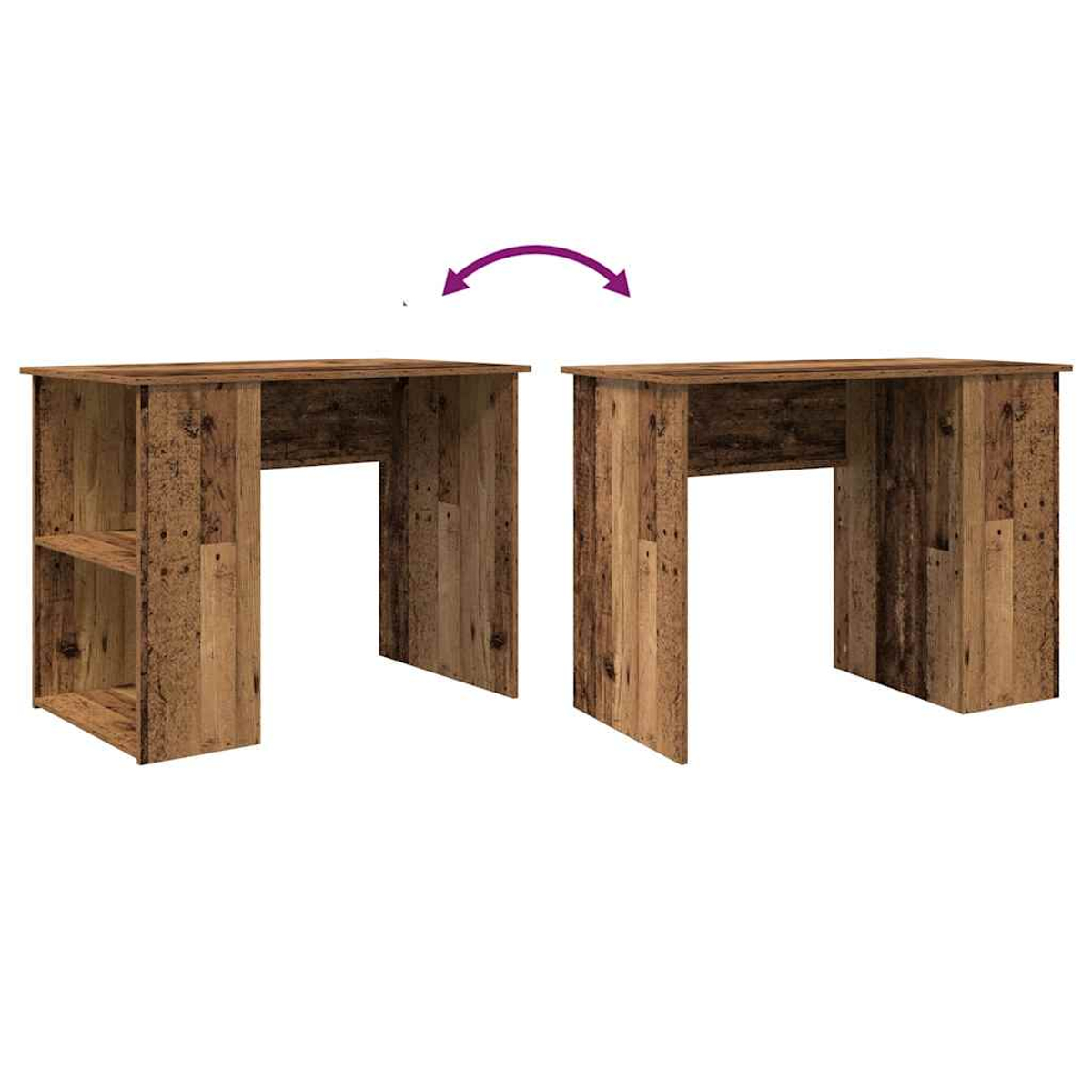 Zwei Holztische, einer intakt, der andere geteilt. Ein Pfeil zeigt die Teilung an. Braunes, einfaches Design.