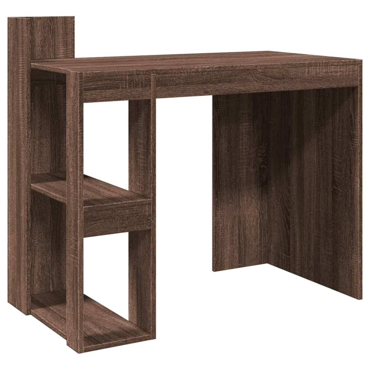 Brauner Schreibtisch mit seitlichem Regal. Es hat Regale und einen Schreibtischbereich. Das Design ist einfach.