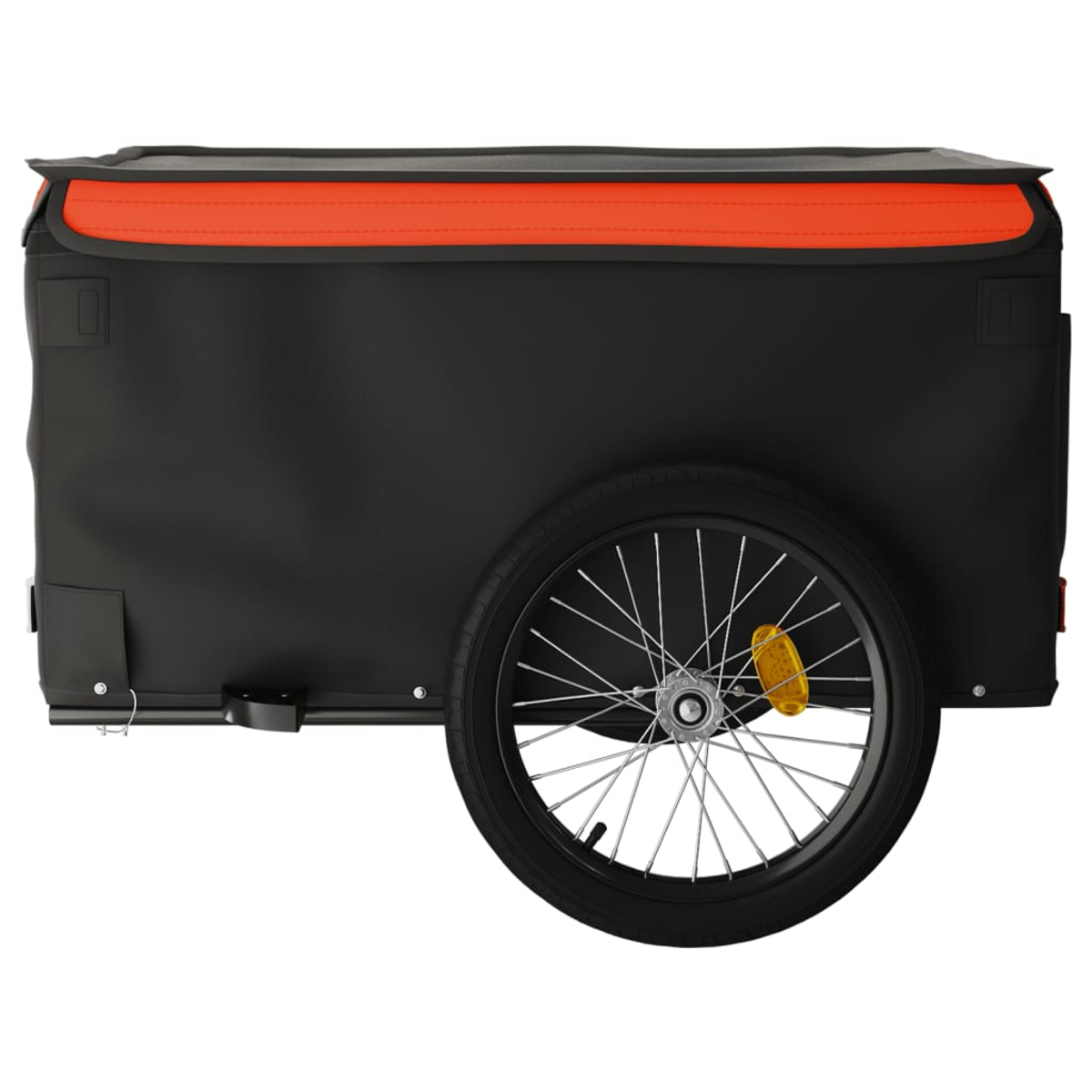 Schwarzer Fahrradanhänger mit orangefarbenem Oberteil. Hat ein Rad und ist von der Seite zu sehen.