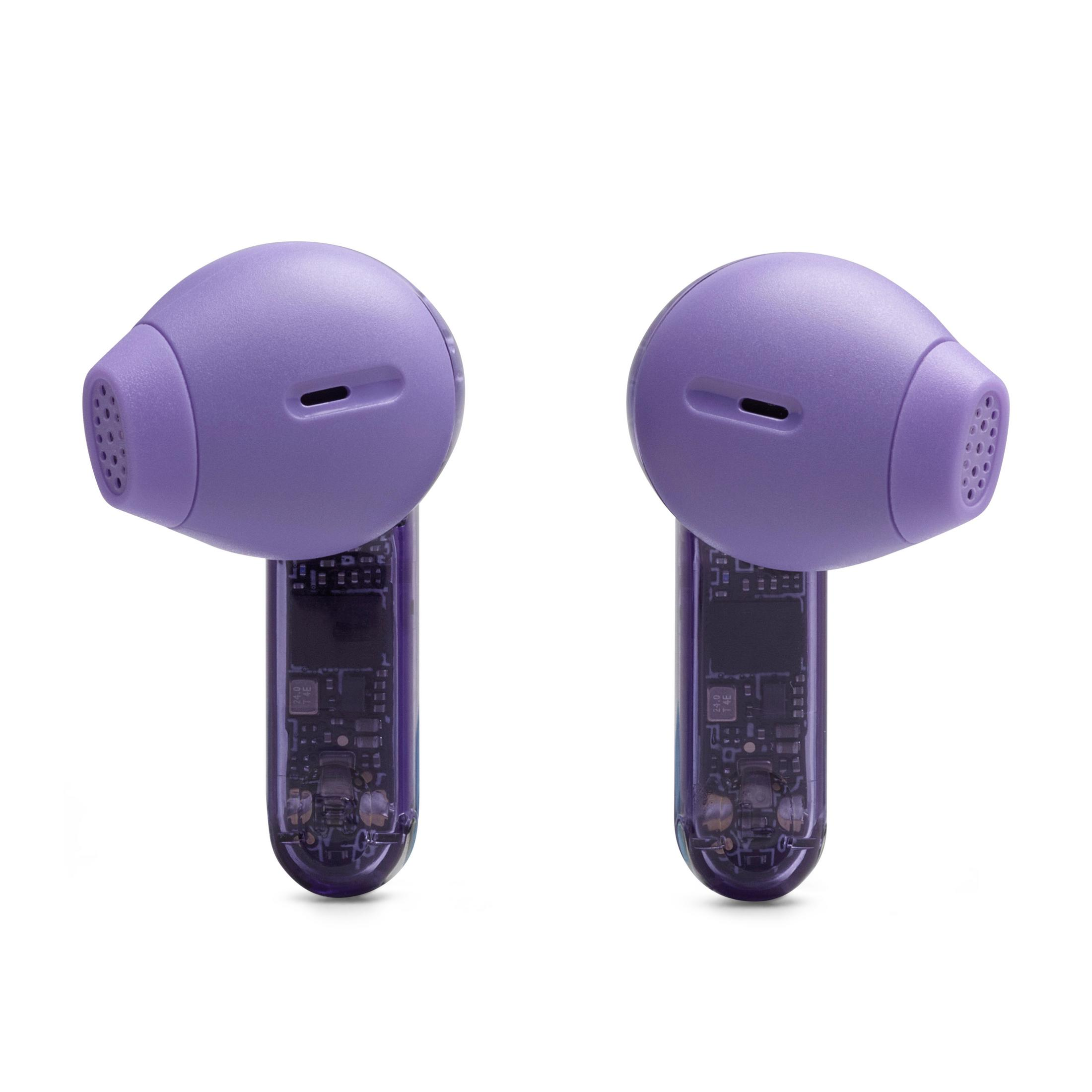 Due auricolari wireless viola. Sfondo bianco, isolati. Marchio JBL visibile.