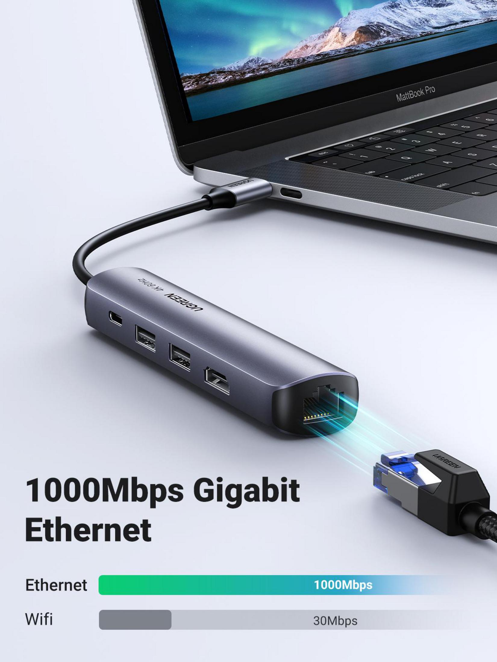 Ein grauer USB-Hub, der mit einem Laptop verbunden ist. Es hat Anschlüsse und ein Ethernet-Kabel.