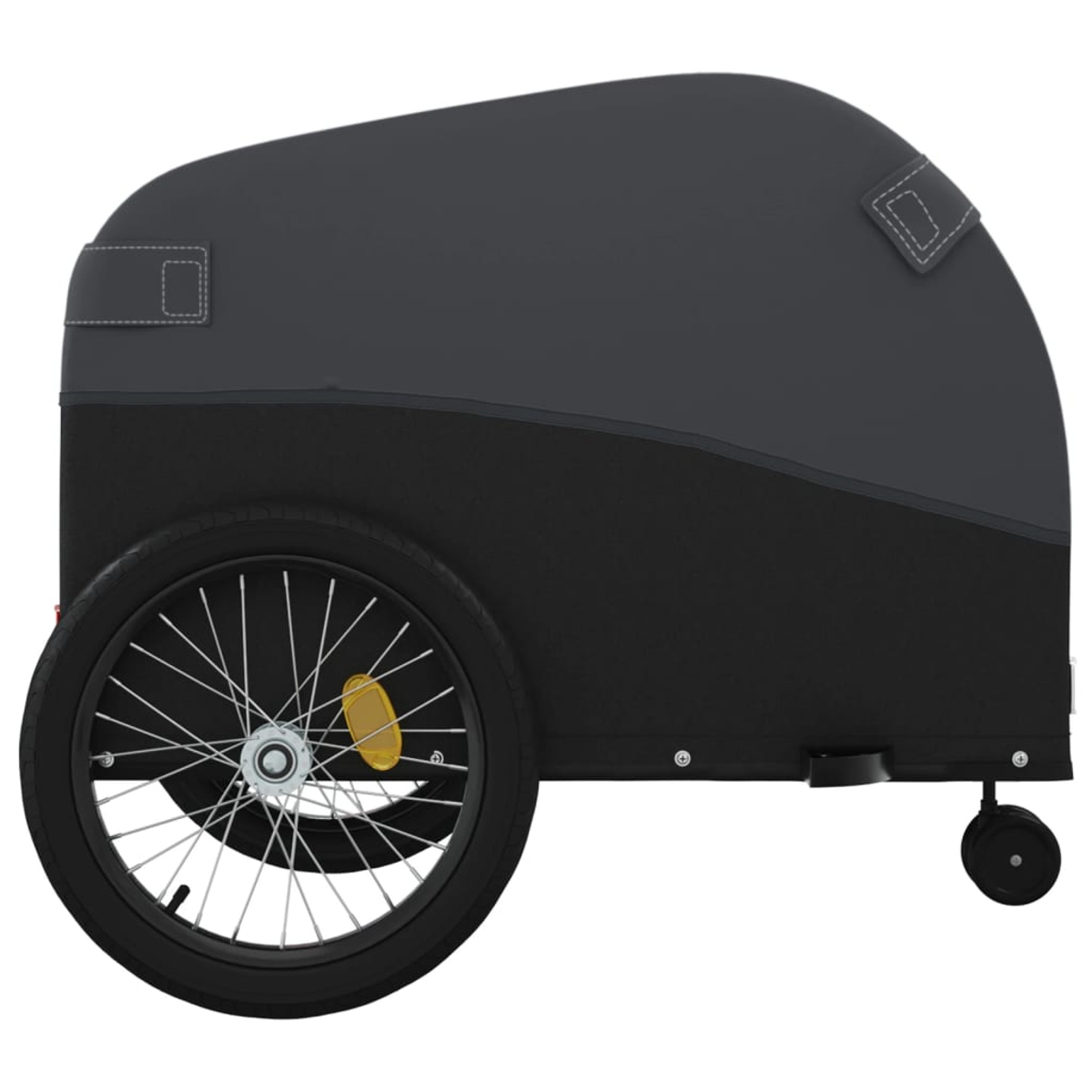 Schwarz-grauer Fahrradanhänger. Hat ein sichtbares Rad, eine gewölbte Oberseite und ein kleines Rad.