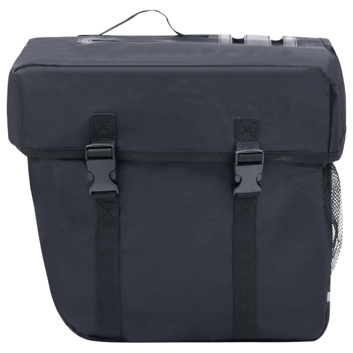 Schwarze Fahrradtasche mit Schnallen und einer Netztasche. Griff oben.