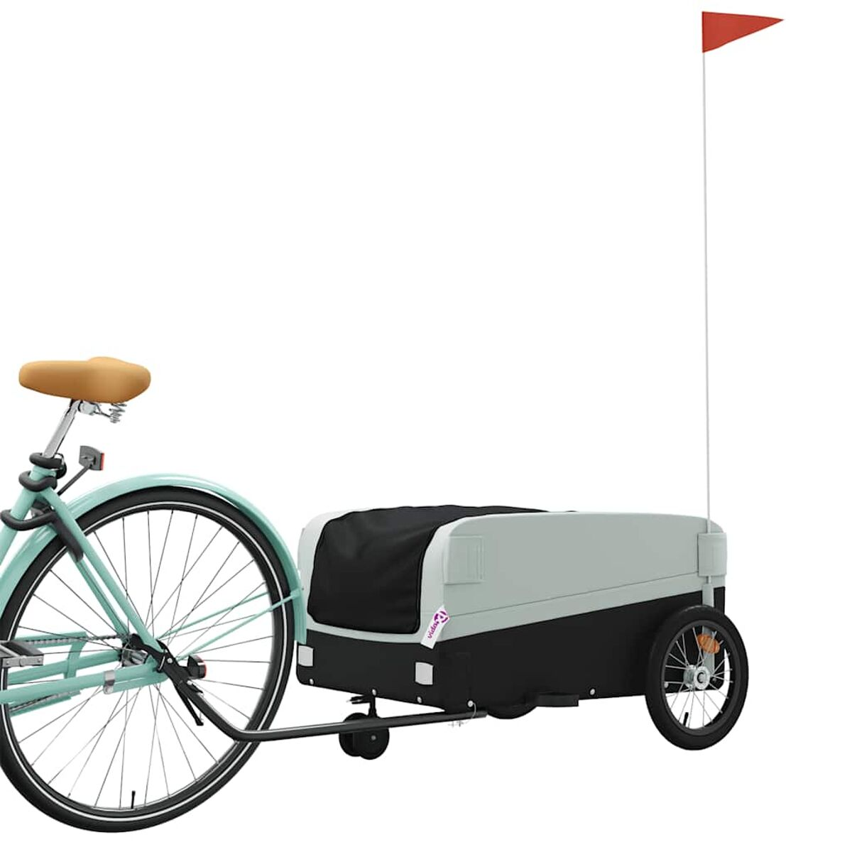 Ein Fahrrad mit Anhänger, der für den Transport eines Haustieres konzipiert ist.