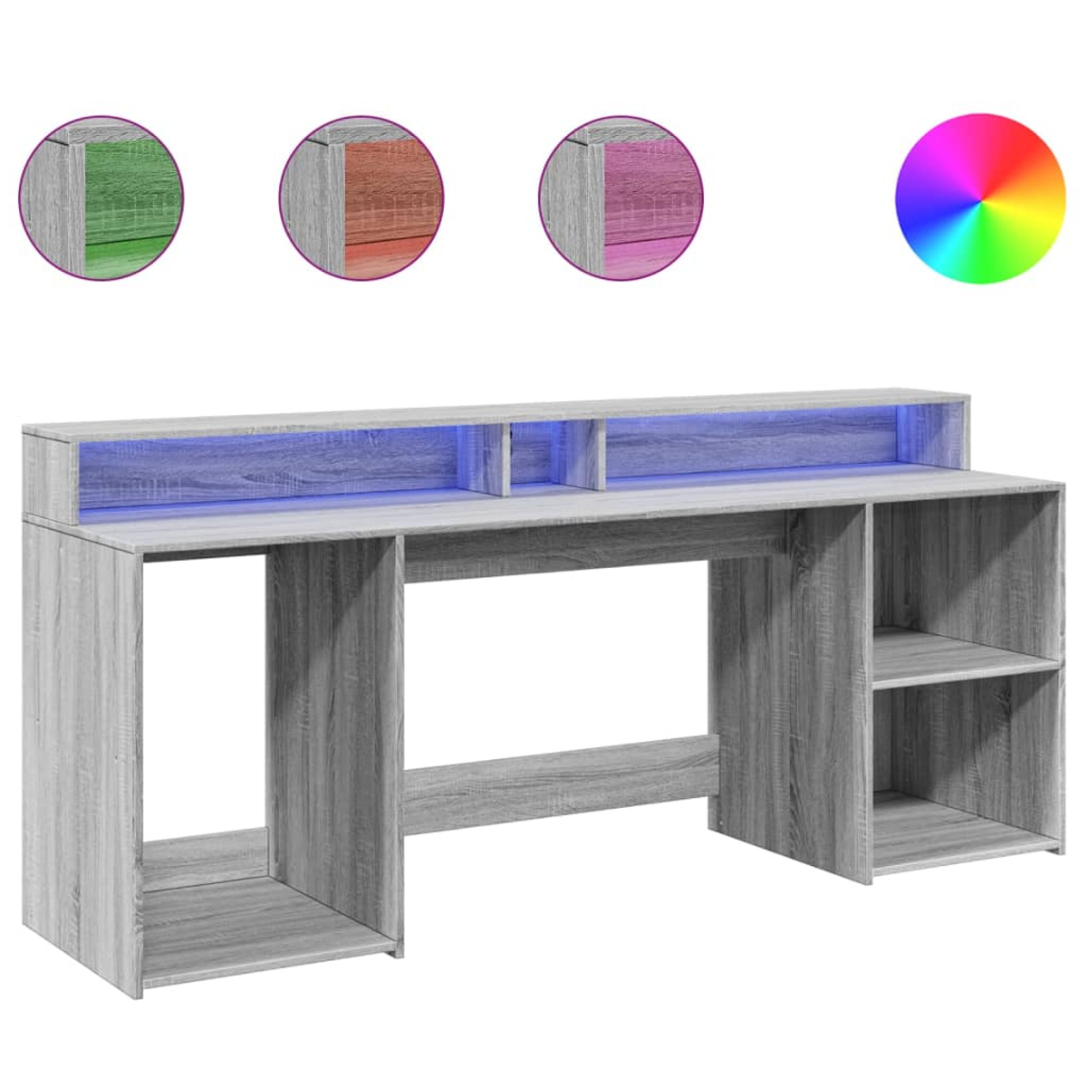 Grauer Schreibtisch mit Regalen, RGB-Beleuchtung und drei Farbmustern. Der Schreibtisch steht an einer Wand.