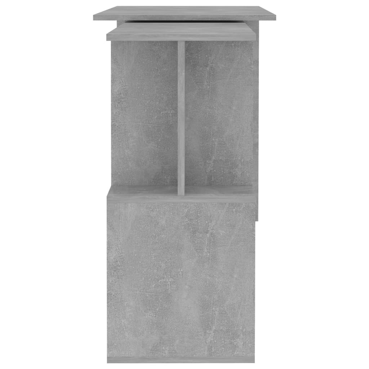 Ein grauer, betonartiger Schrank mit einem oberen Regal und einem mittleren Regal.