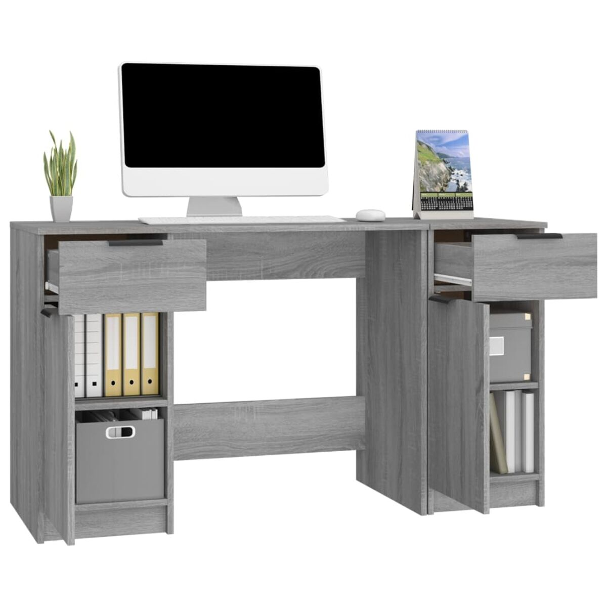Ein hellgrauer Schreibtisch mit Computer, Schubladen, Regalen und einem Kalender.
