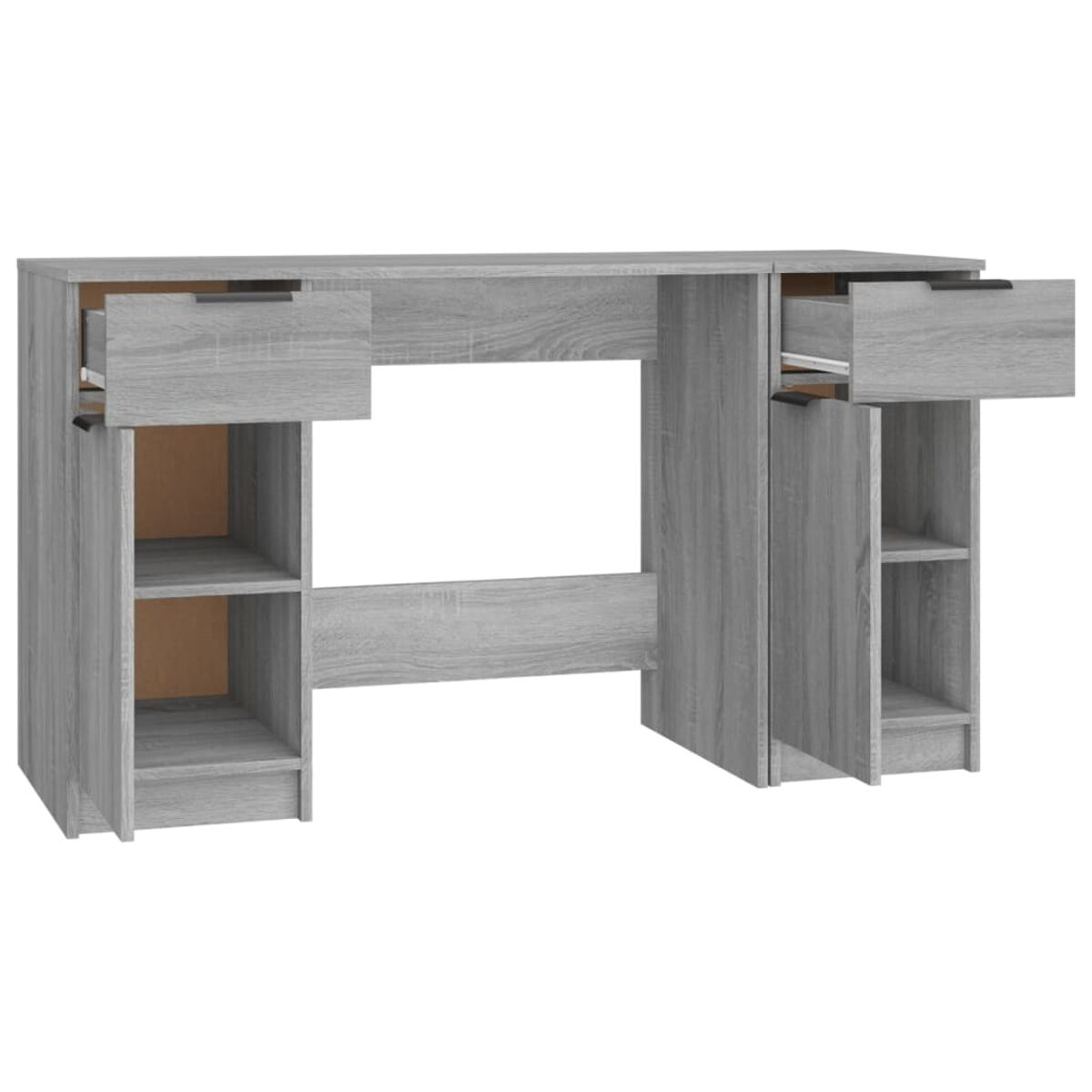 Holzschreibtisch mit Schubladen, Regalen und einer zentralen Öffnung, von vorne gesehen.