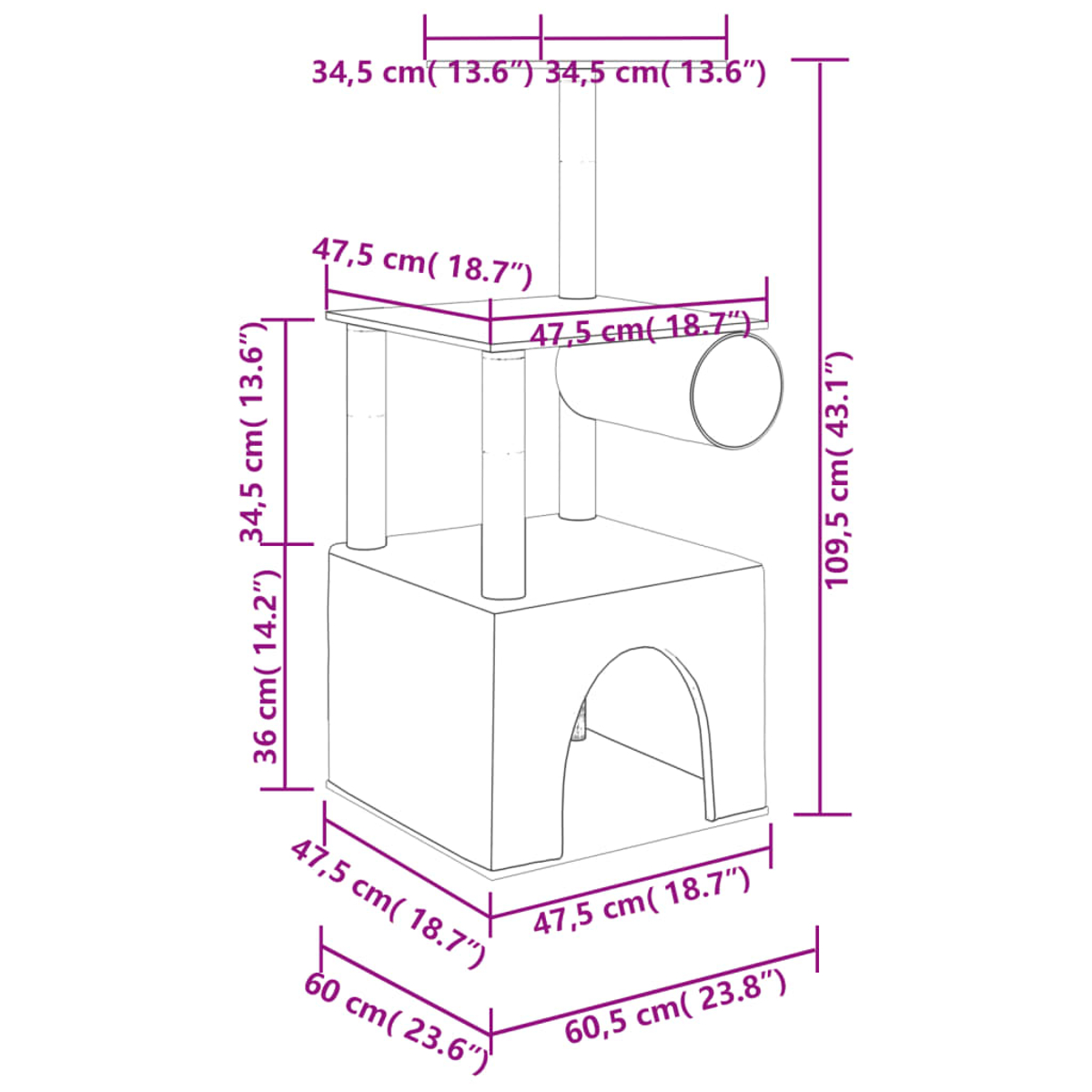 Katzenbaum mit markierten Abmessungen. Es hat eine Basis, eine mittlere Ebene, einen Tunnel und eine obere Plattform.