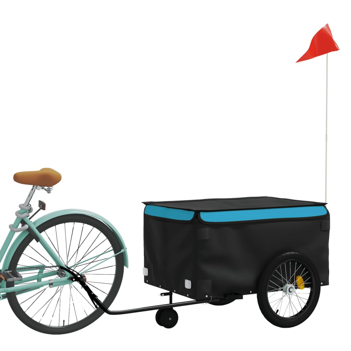 Ein Fahrrad mit einem Anhänger. Eine rote Fahne ist am Anhänger befestigt.