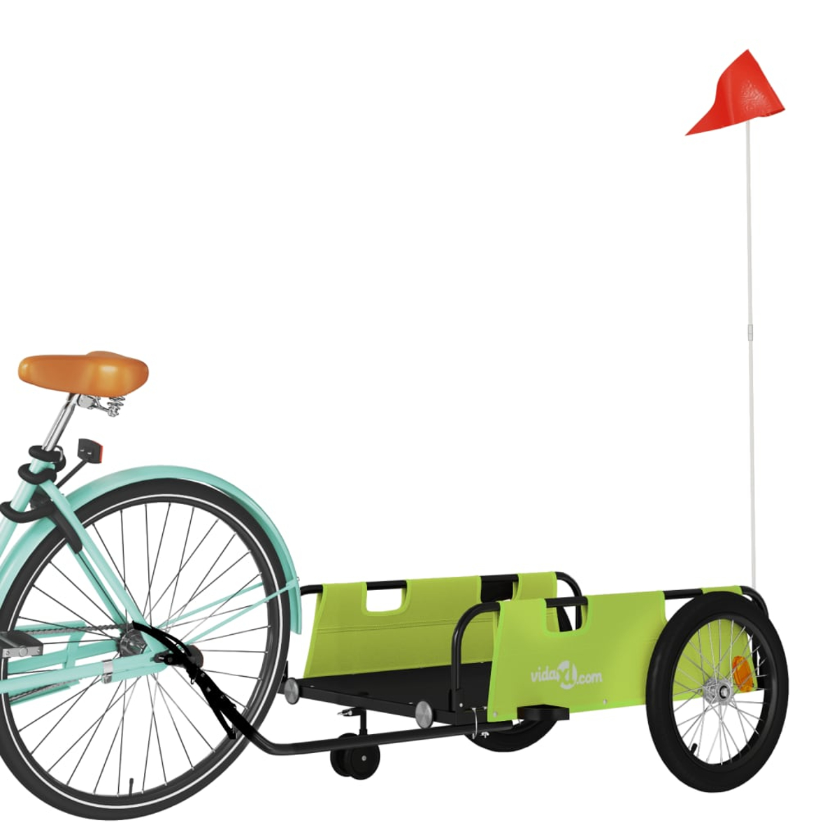 Blaues Fahrrad zieht einen grünen Anhänger mit roter Fahne. Anhänger für Ladung.