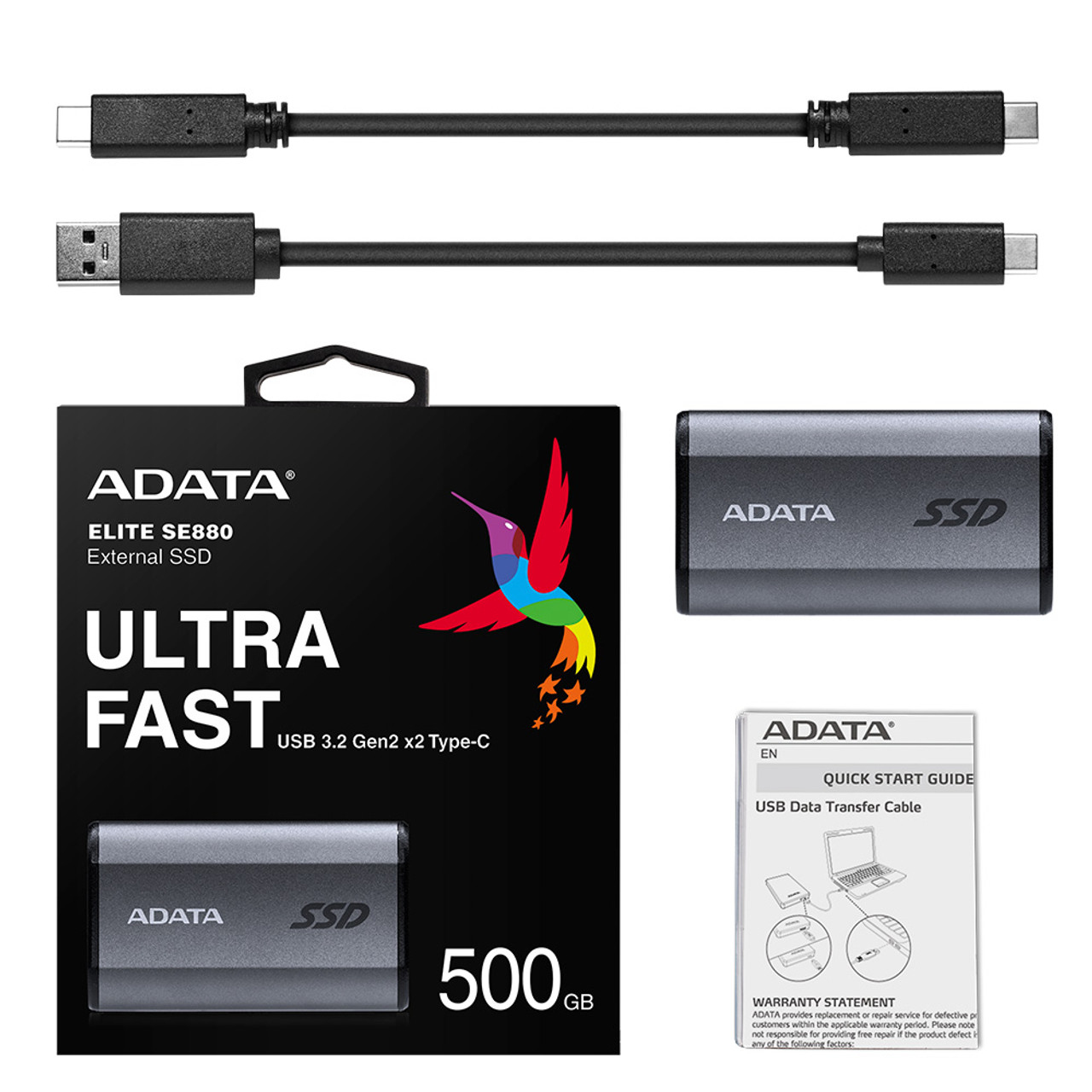 Opakowanie i produkt zewnętrznego dysku SSD ADATA. Kolory czarny i szary.