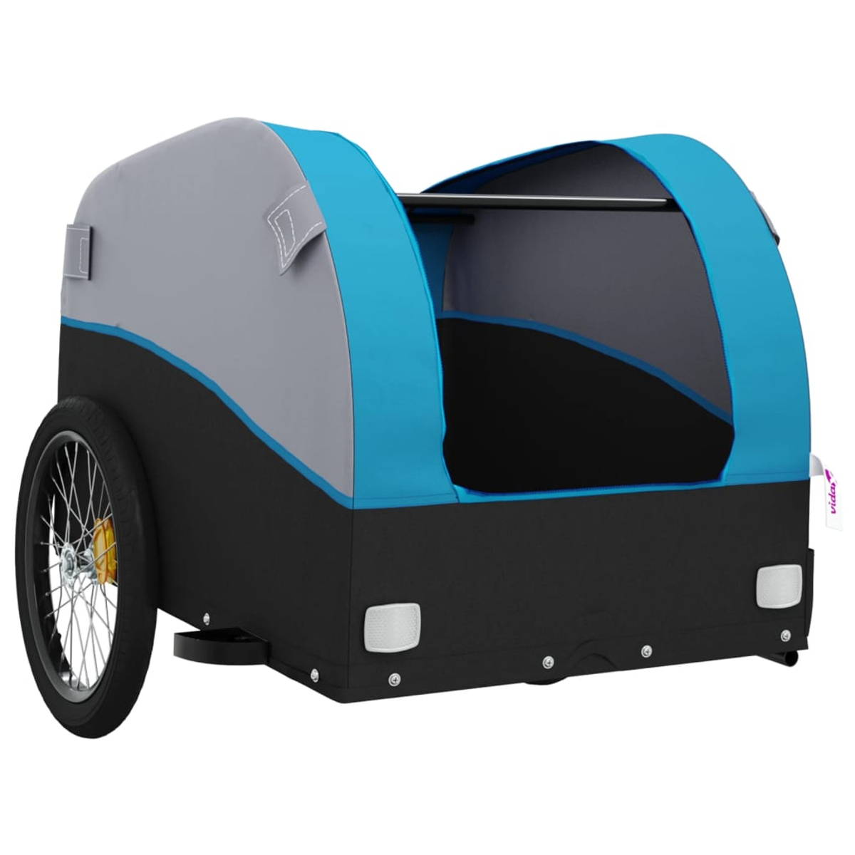 Ein blau-grauer Fahrradanhänger mit einem sichtbaren Rad und schwarzem Sockel.