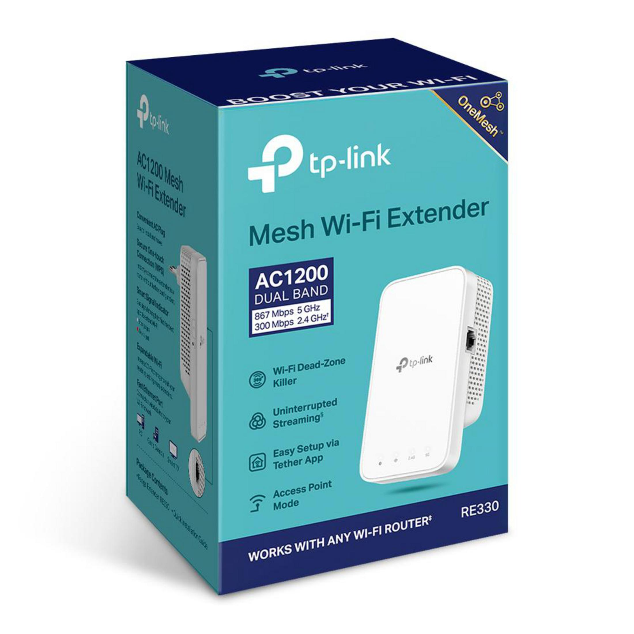 Pudełko TP-Link Mesh Wi-Fi Extender, biało-niebieskie, prezentujące funkcje produktu na białym tle.