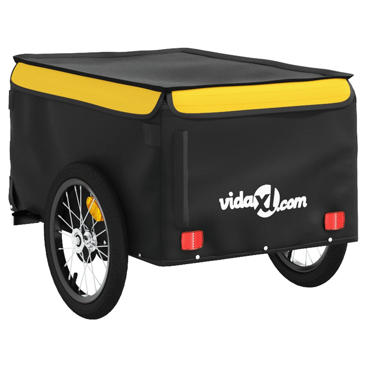Schwarzer und gelber Fahrradanhänger mit zwei Rädern und vidaXL.com-Logo.