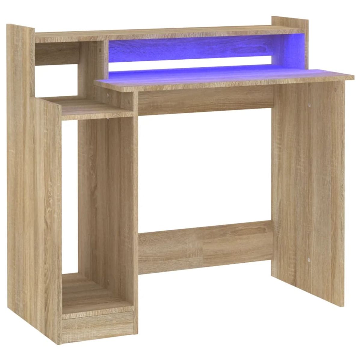 Holzschreibtisch mit Regalen und blauem Licht. Der Schreibtisch befindet sich auf weißem Hintergrund.