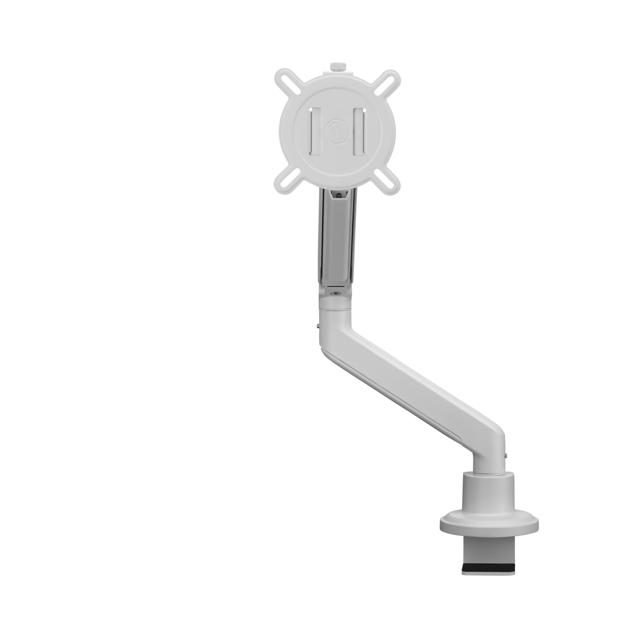 Weißer Monitorarm mit Halterung und verstellbarem Arm auf weißem Hintergrund.