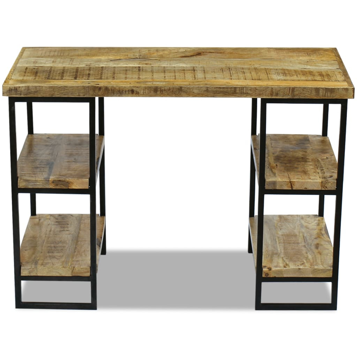 Holzschreibtisch mit hellbrauner Platte und schwarzen Metallbeinen, mit zwei Regalen auf jeder Seite.