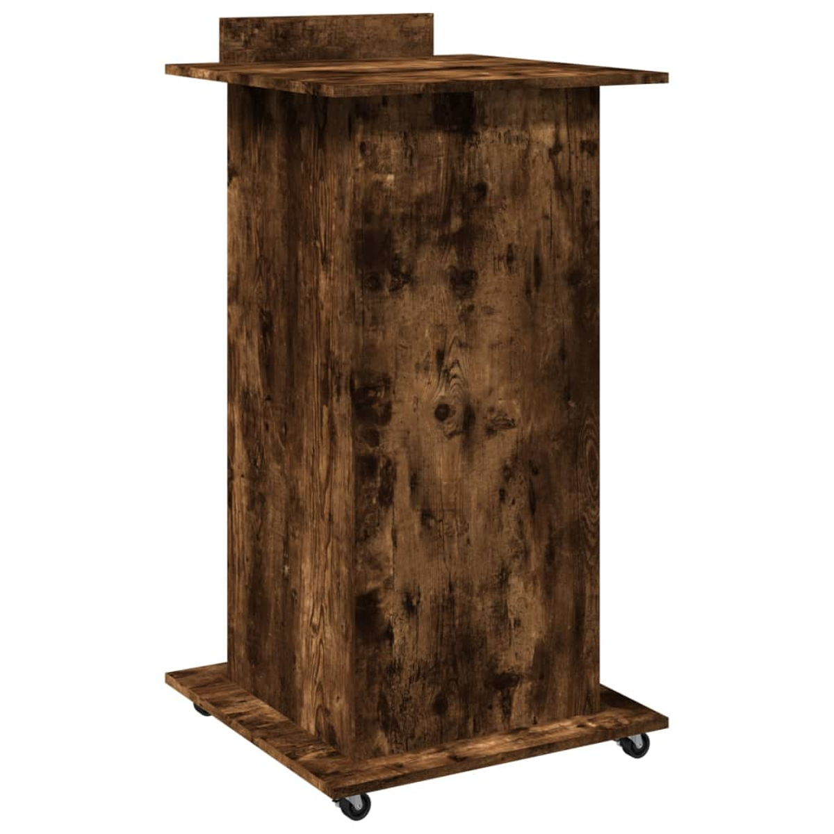 Hoher Holzschrank mit Rädern. Vertikale Bretter, braune Farbe.