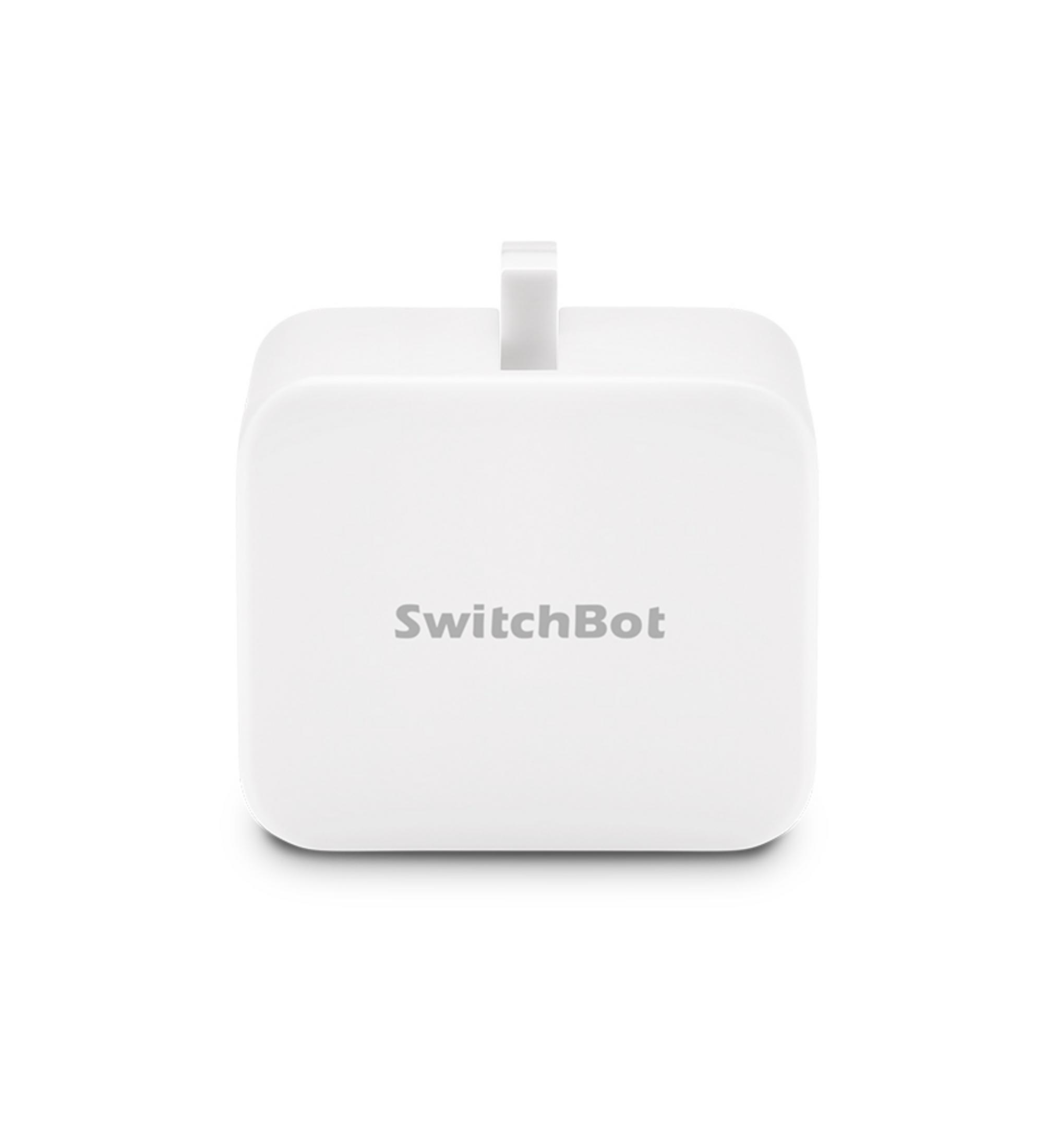 Weißes SwitchBot-Gerät mit Markennamen auf weißem Hintergrund.