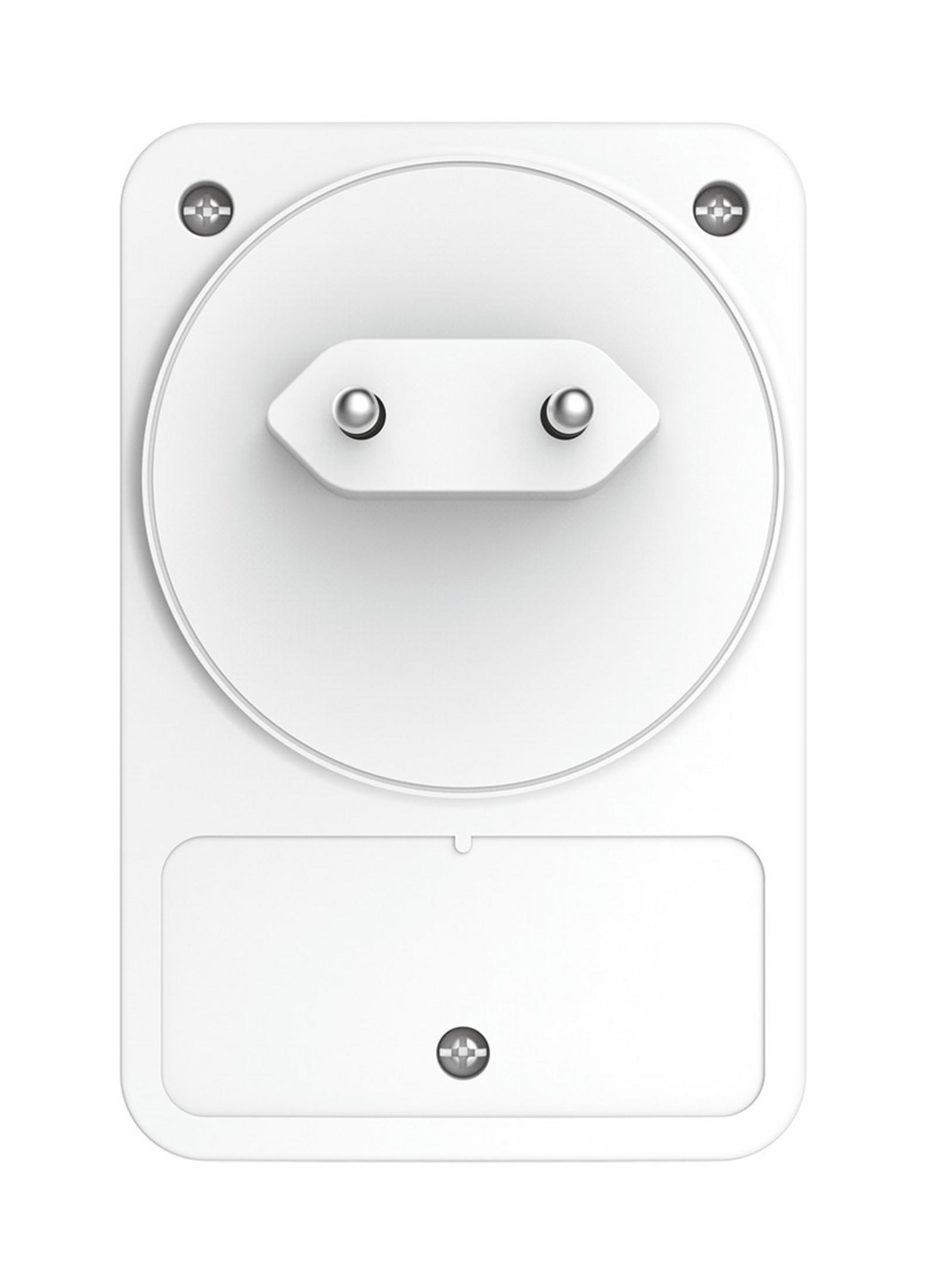 Biała wtyczka z dwoma bolcami na białym tle.