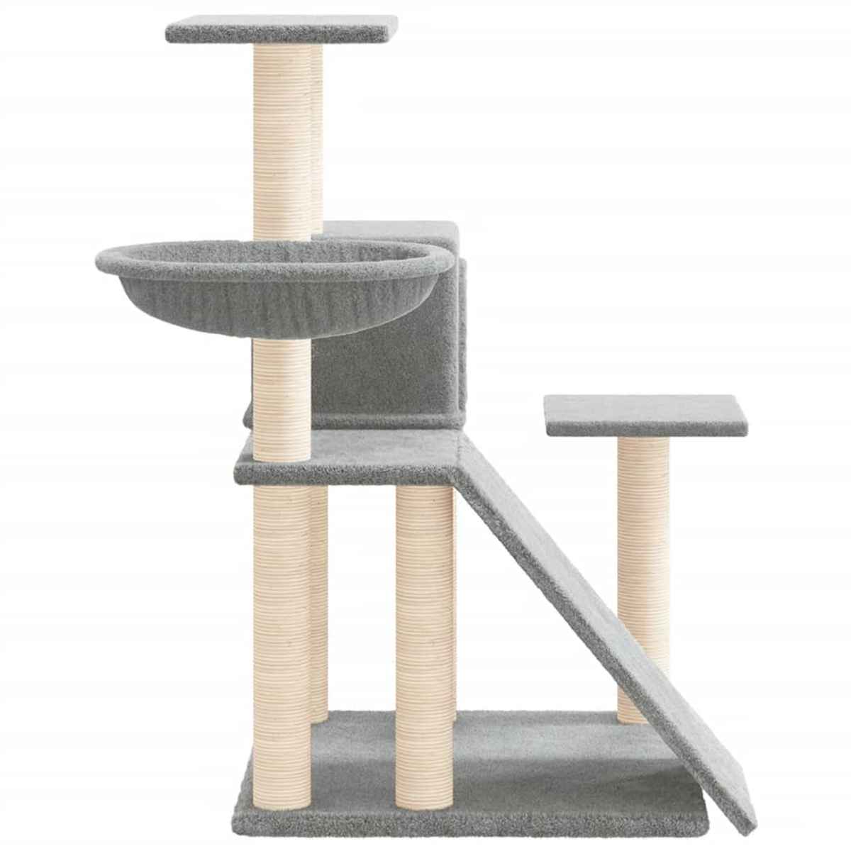 Grauer Katzenbaum mit mehreren Ebenen, Plattformen und Pfosten. Beige Pfosten stützen die Plattformen.